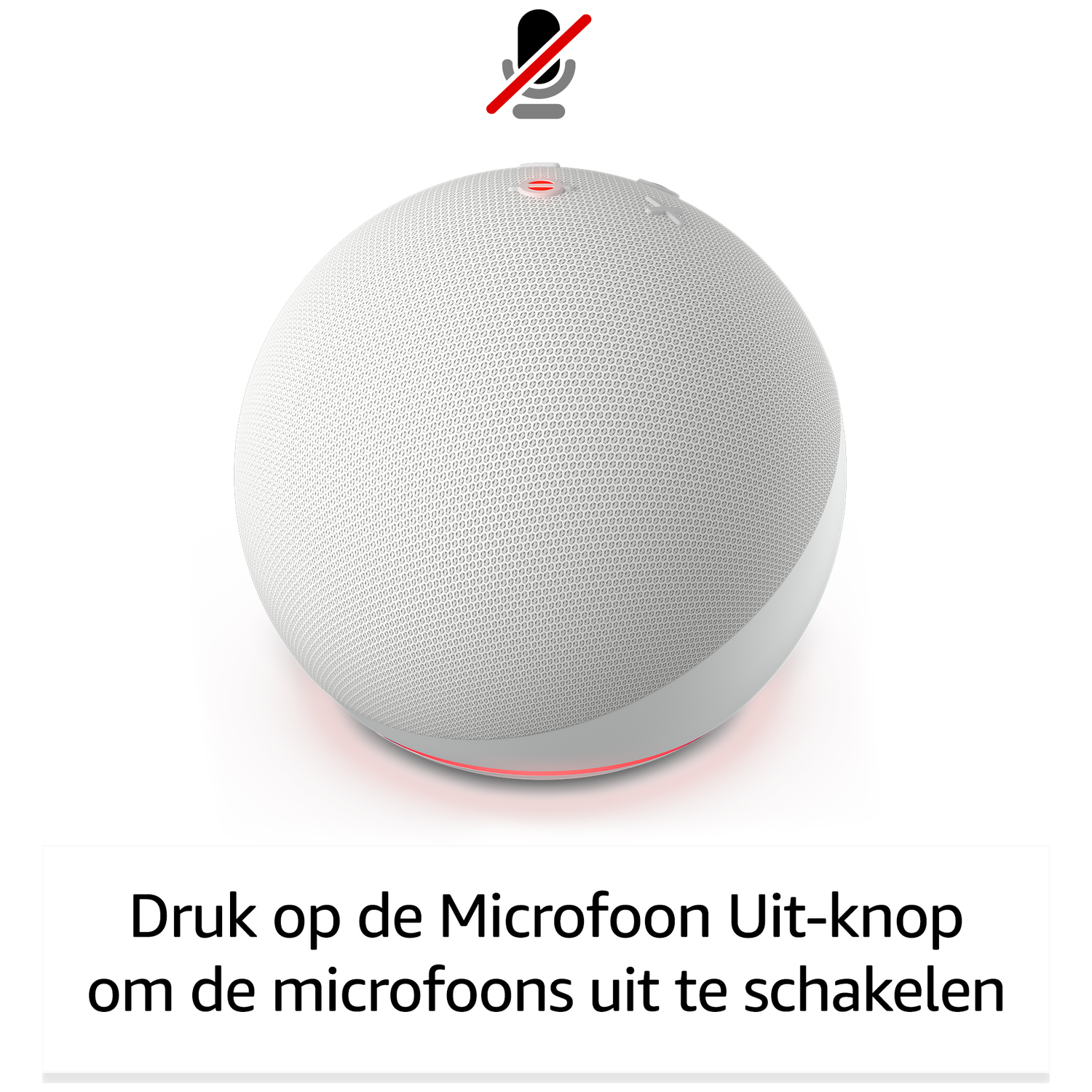 Gray Echo Dot with microphone off icon and red light ring.