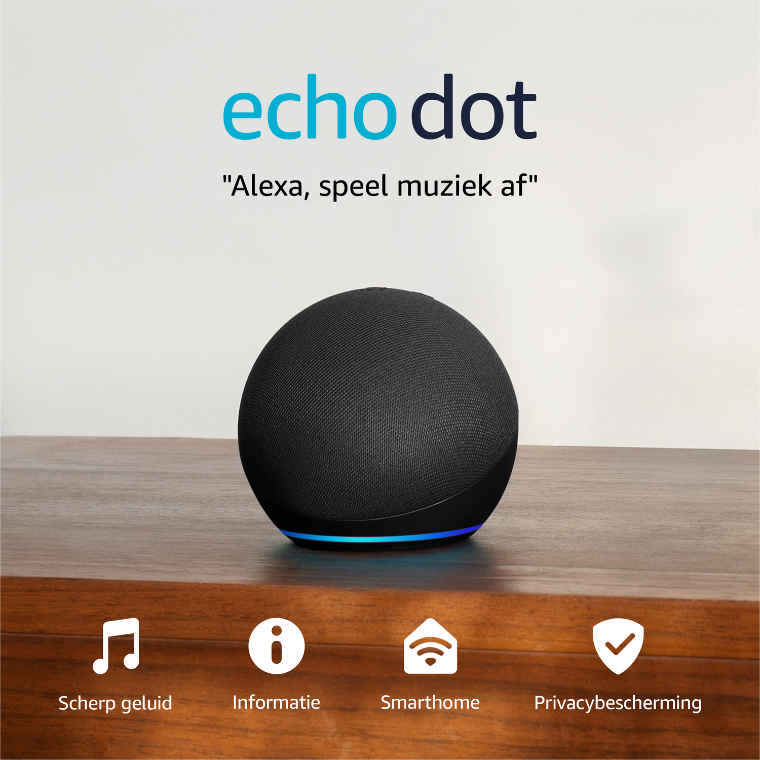 Black Echo Dot with blue light on a wooden table.