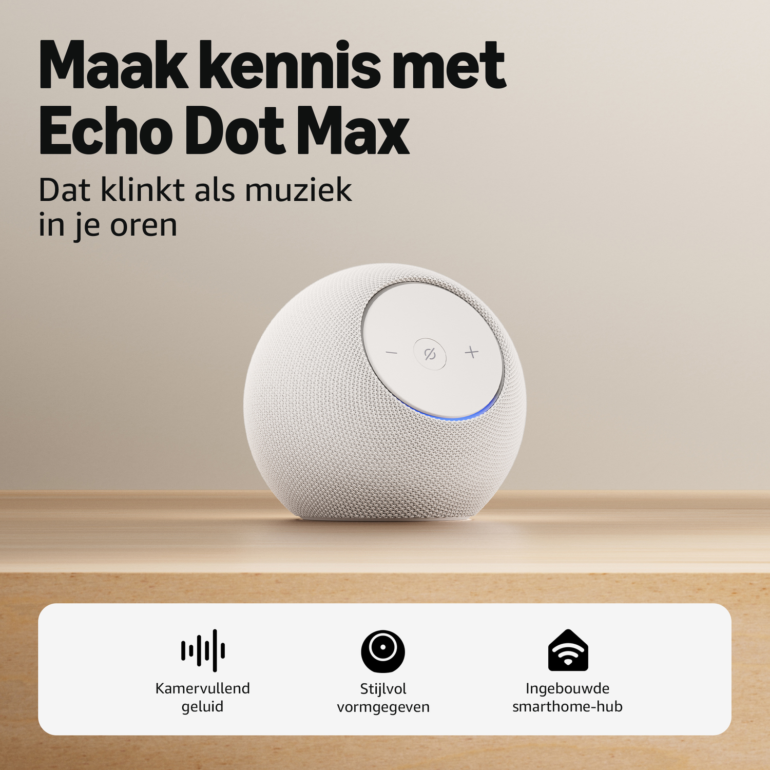 A white Echo Dot Max speaker on a wooden table with icons below.