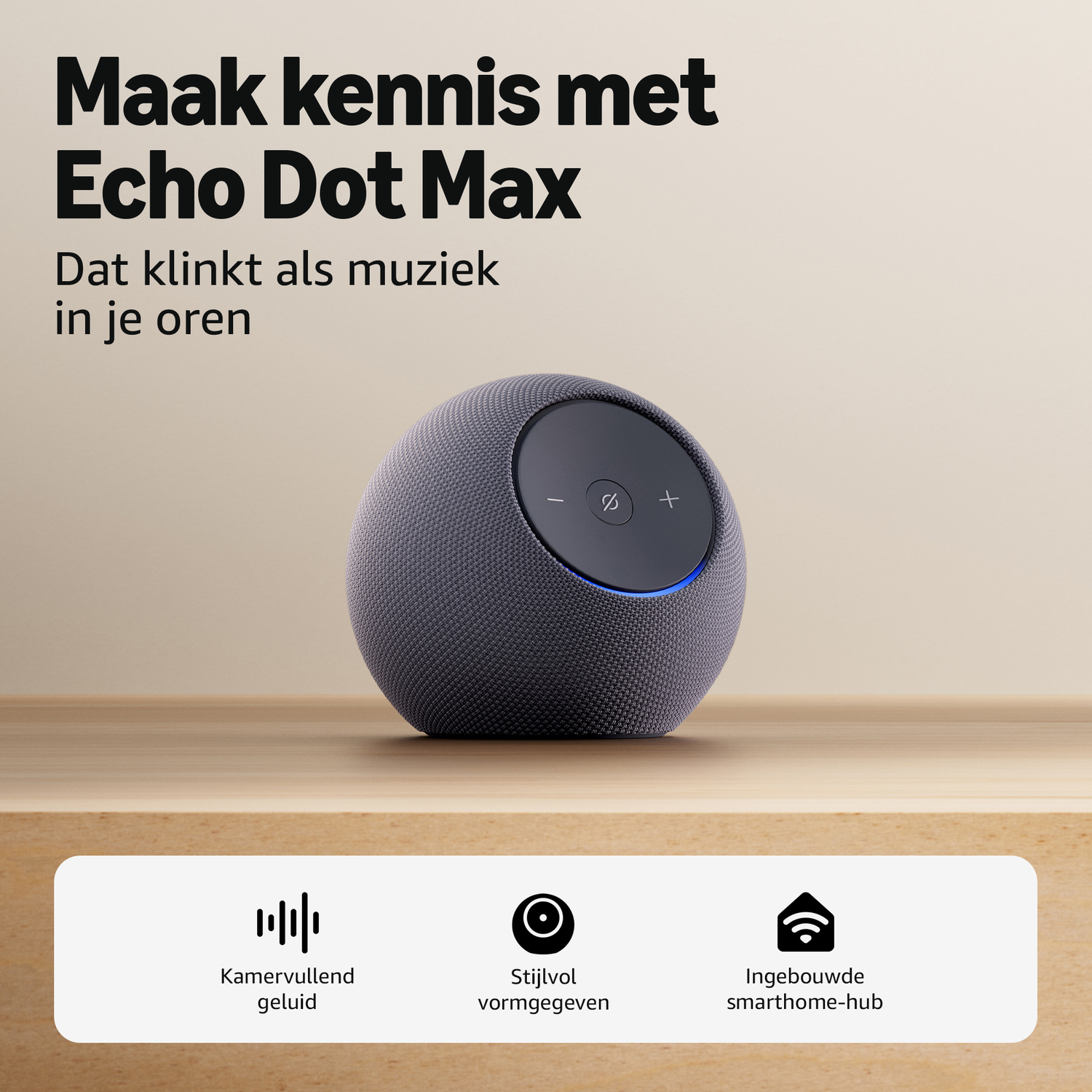 A gray Echo Dot Max speaker on a wooden table, with text and icons.