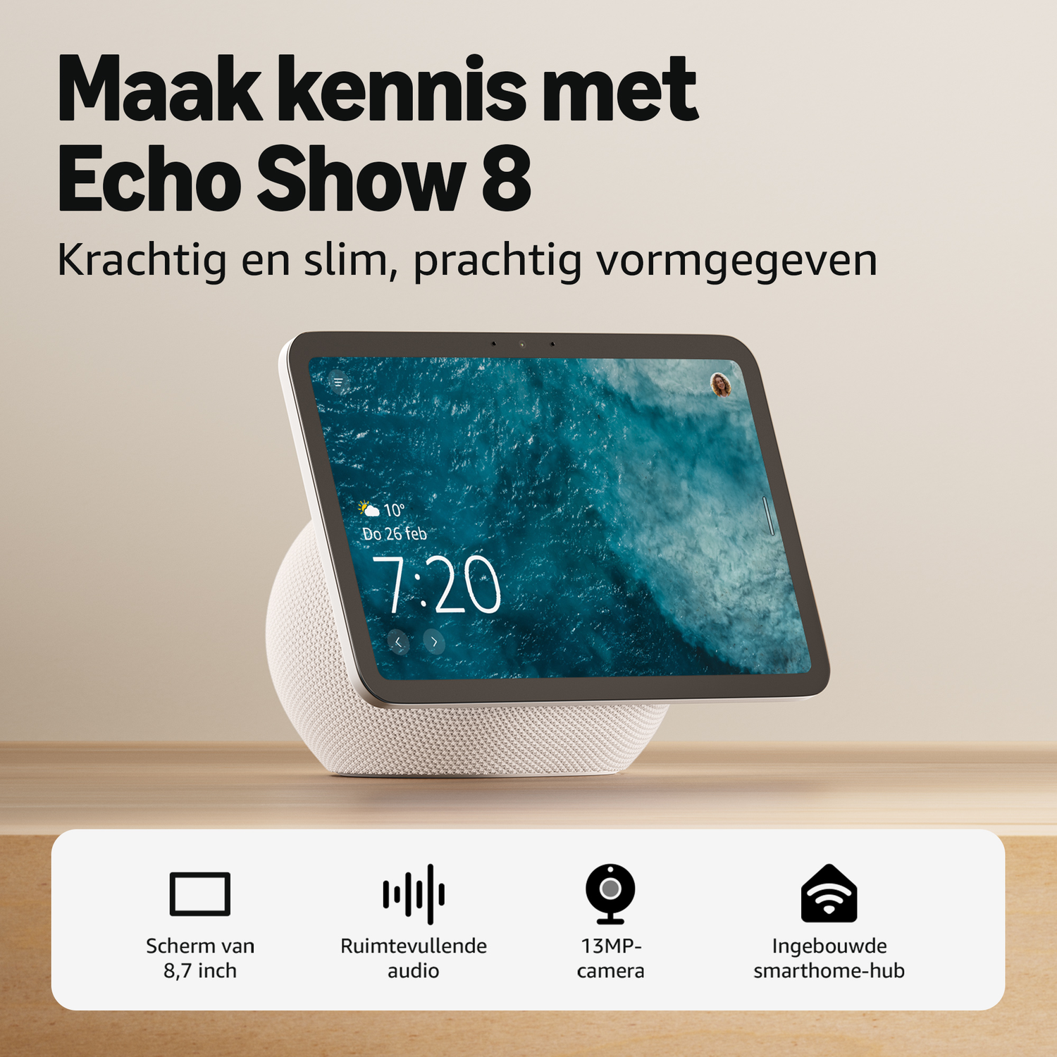 Amazon Echo Show 8 with 8.7-inch screen, 13MP camera, and built-in smarthome hub.