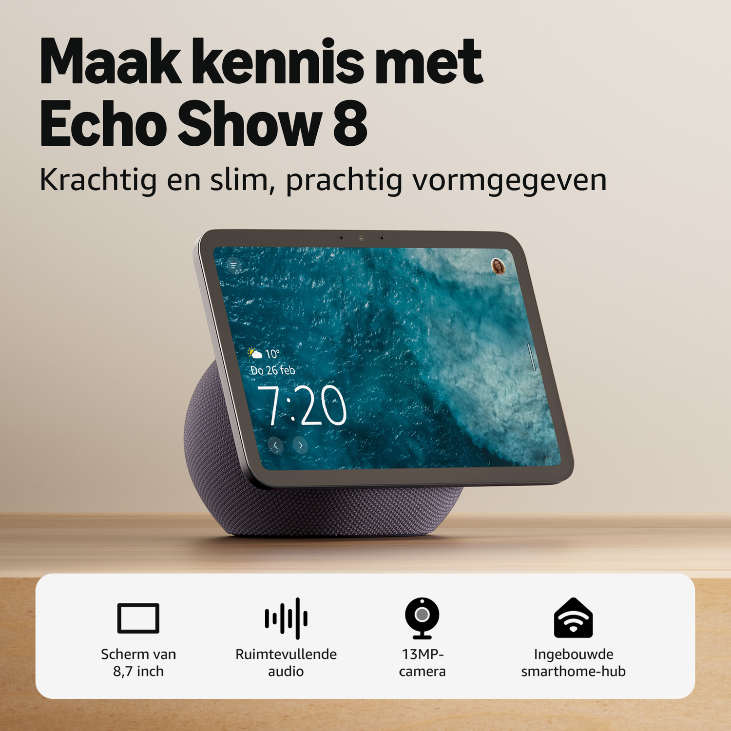 An Echo Show 8 with 8.7-inch screen, camera, audio, and smarthome hub.