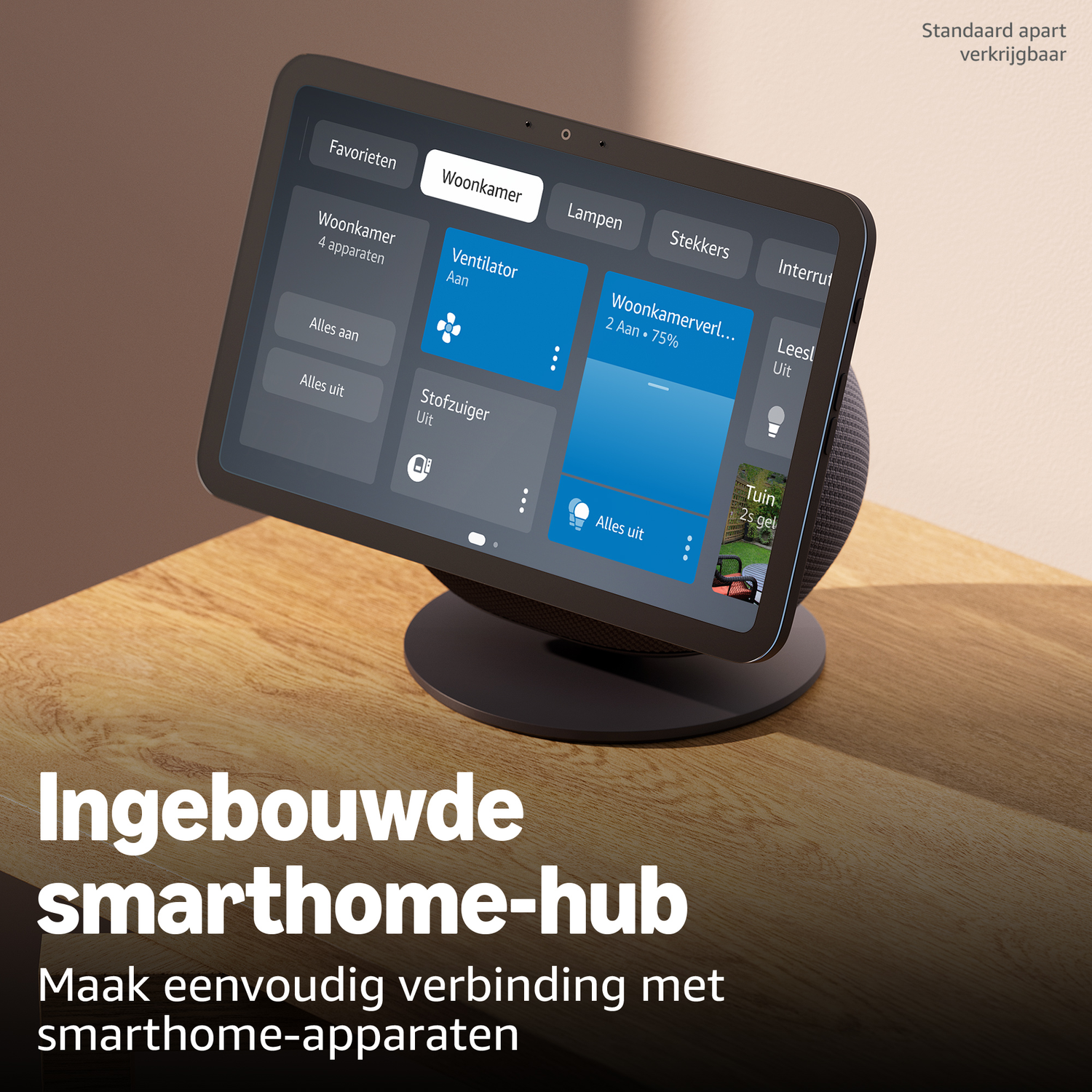A smart home hub tablet displays controls for devices like fans and lights.