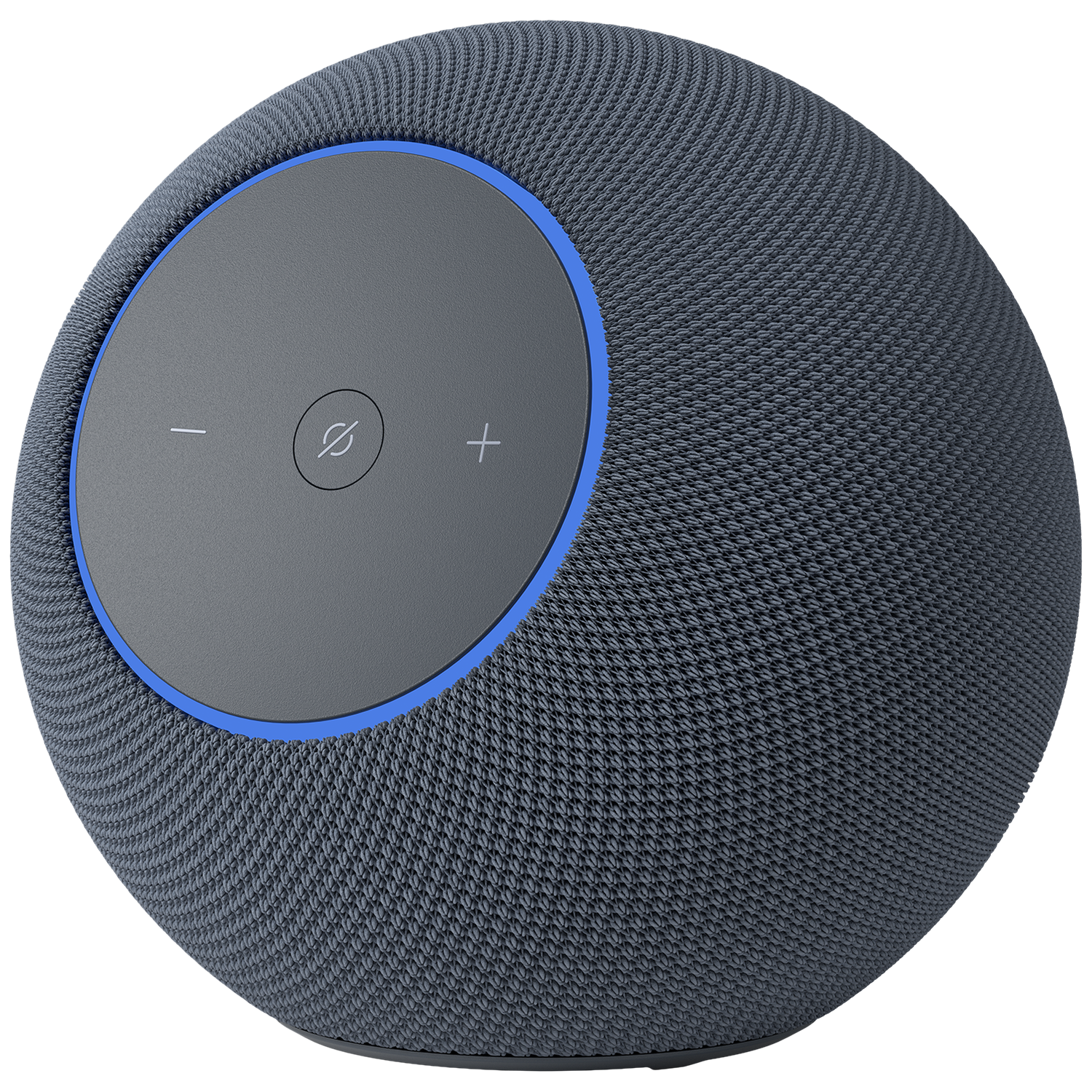 Dark gray smart speaker with blue trim and touch control panel.