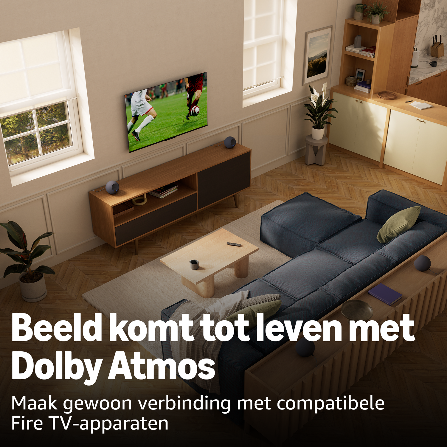 Living room with TV showing soccer, large couch, and modern furniture.