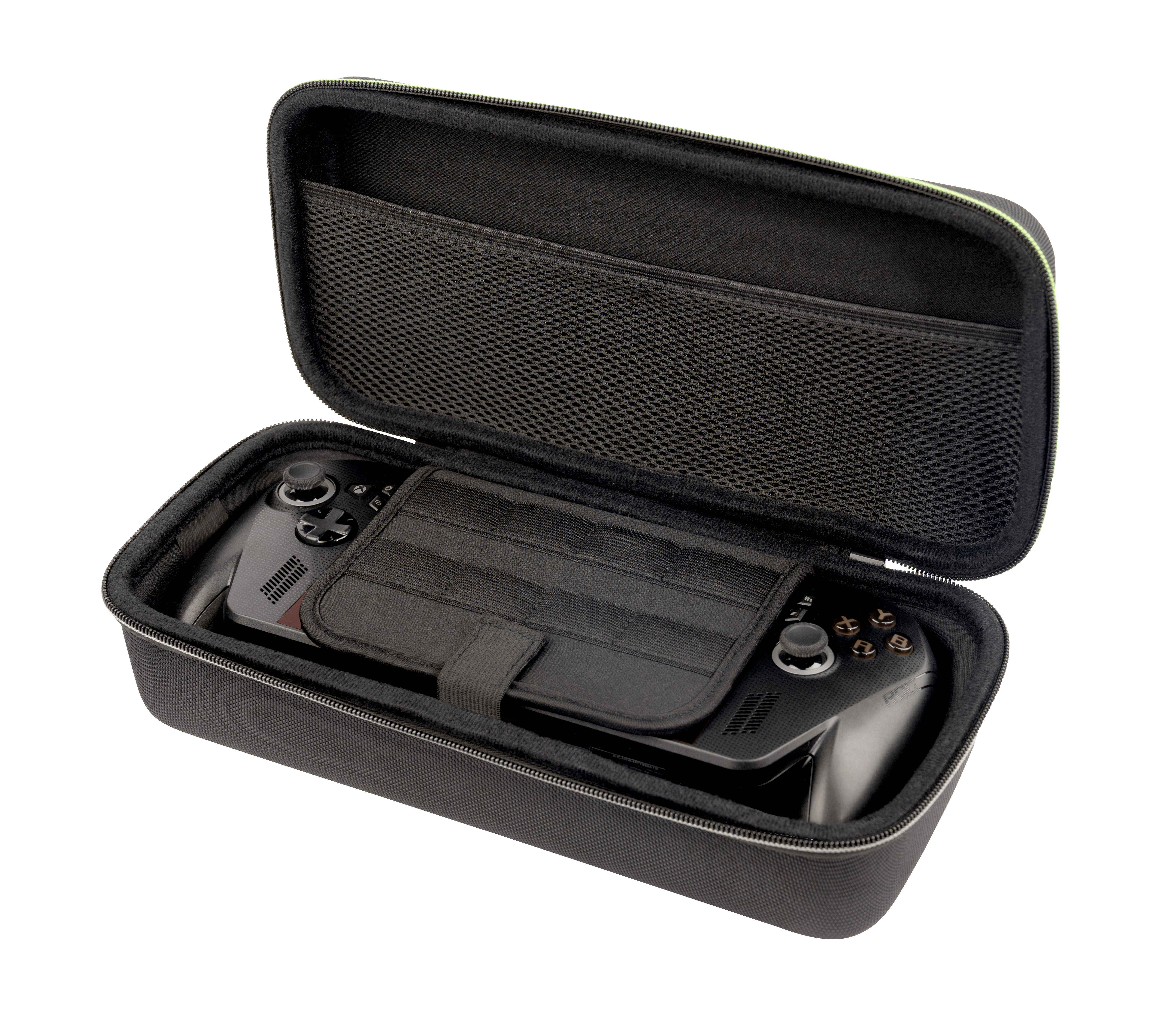 Ein schwarzer Koffer für ein Handheld-Gerät mit offenem Deckel und sichtbaren Bedienelementen.