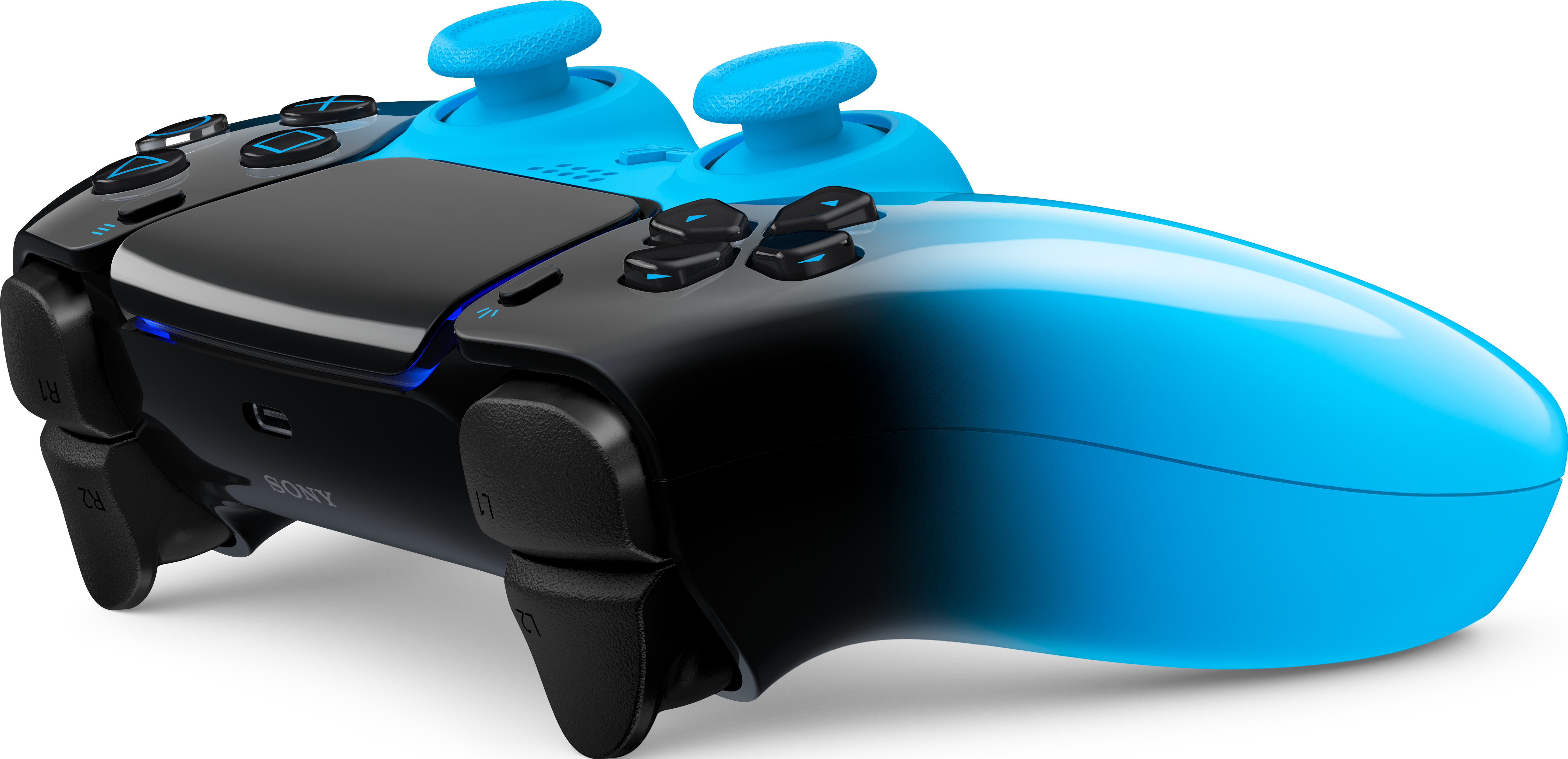 Controller per videogiochi nero e blu con pulsanti e joystick illuminati.