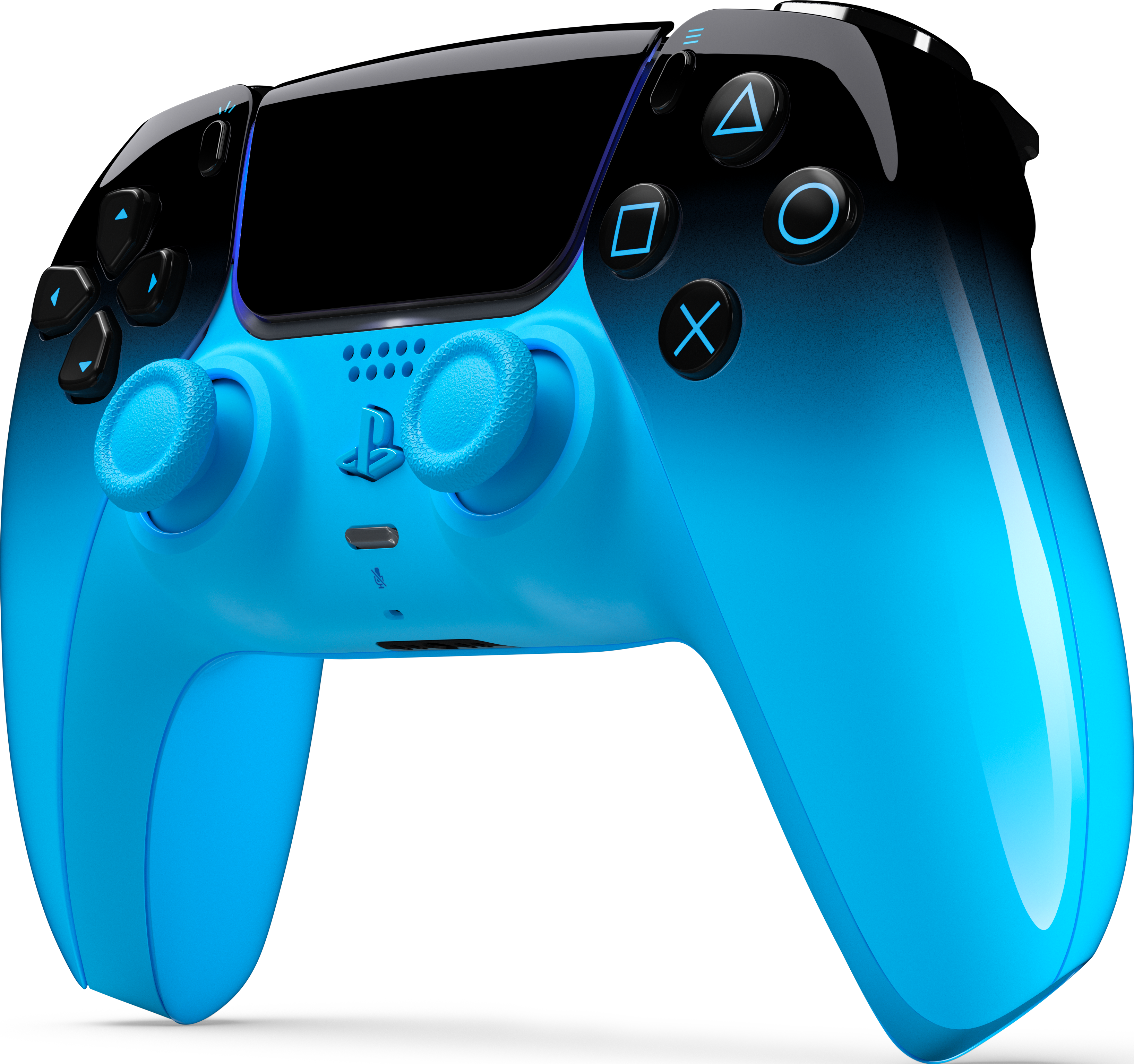 Un controller da gioco blu con accenti neri e simboli luminosi.