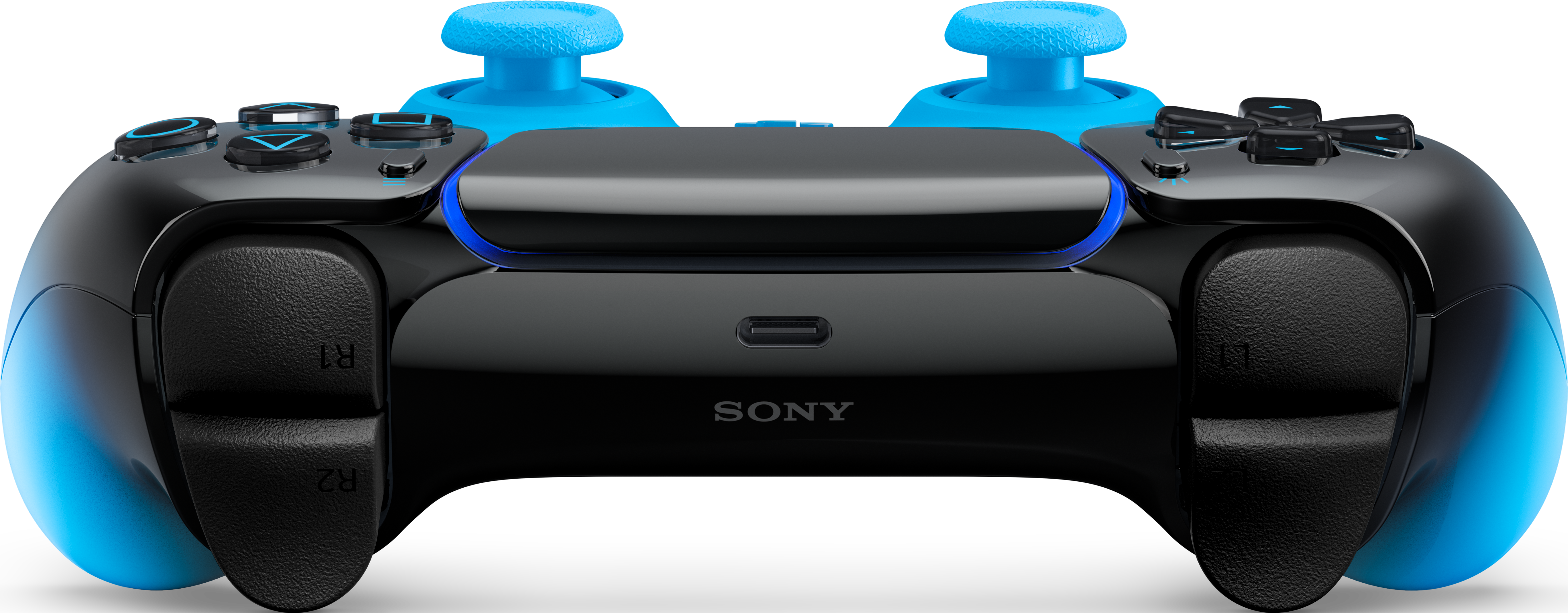 Controller di gioco nero con accenti blu, due joystick e pulsanti.