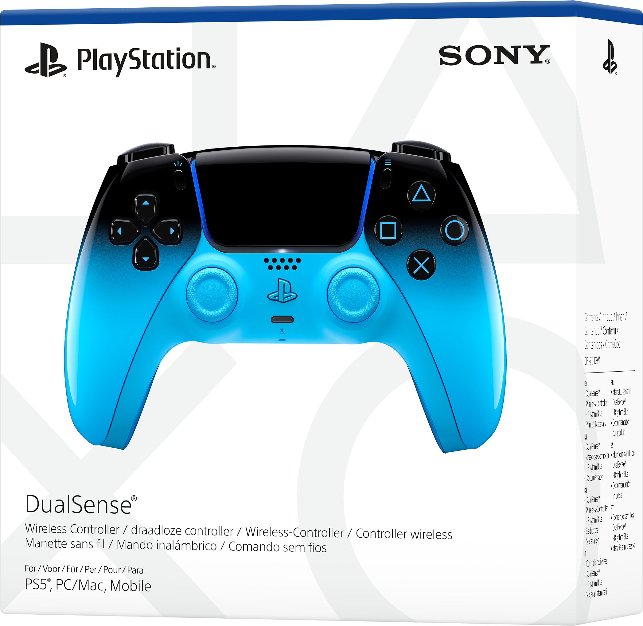 Controller PlayStation DualSense blu e nero su confezione bianca.