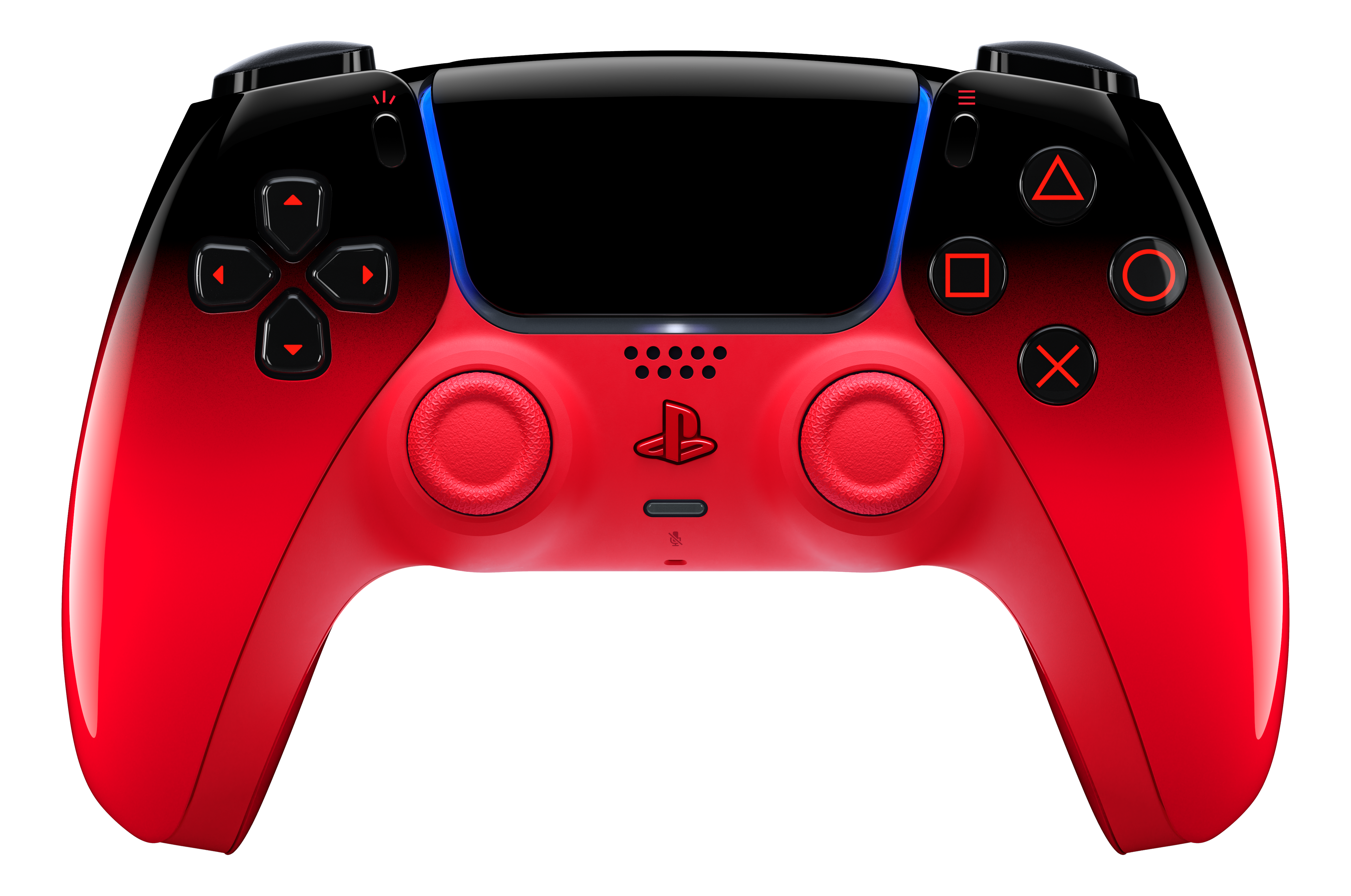 Ein roter und schwarzer Controller mit analogen Sticks und Knöpfen.