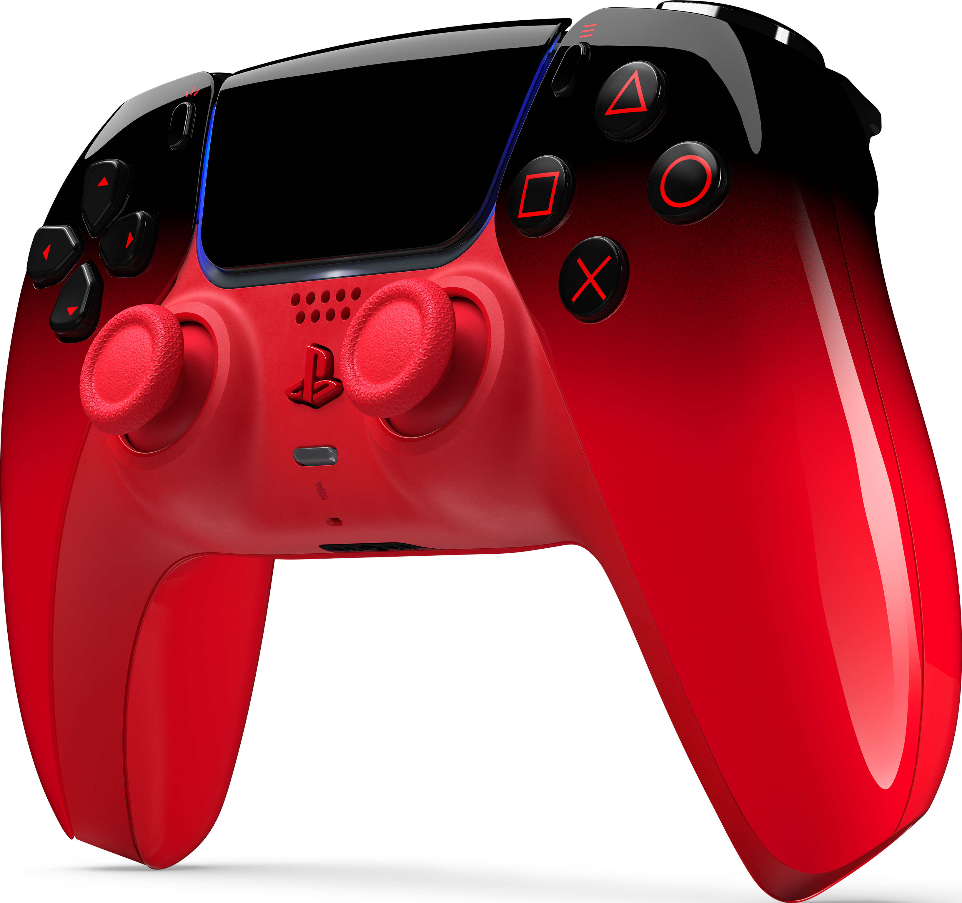 Ein roter und schwarzer Gaming-Controller mit leuchtenden blauen Akzenten und roten Tasten.