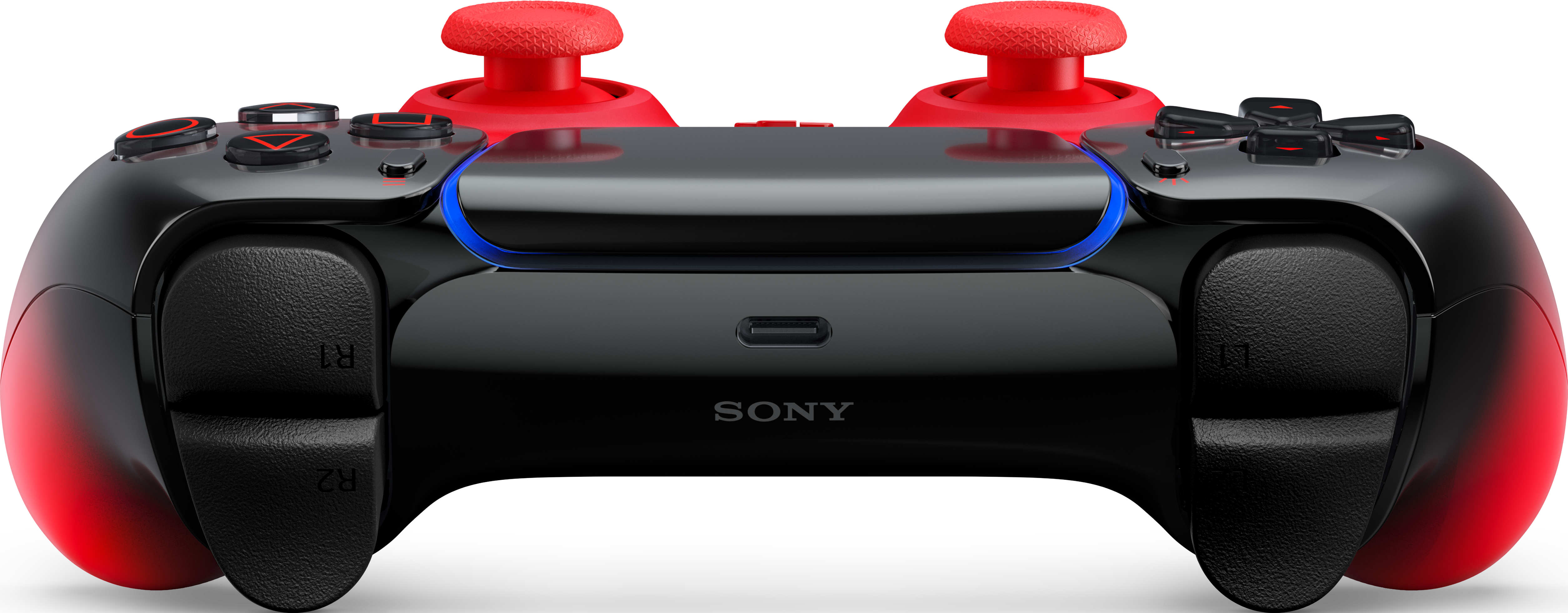 Schwarzer Controller mit roten Akzenten und blauer Leuchtleiste.