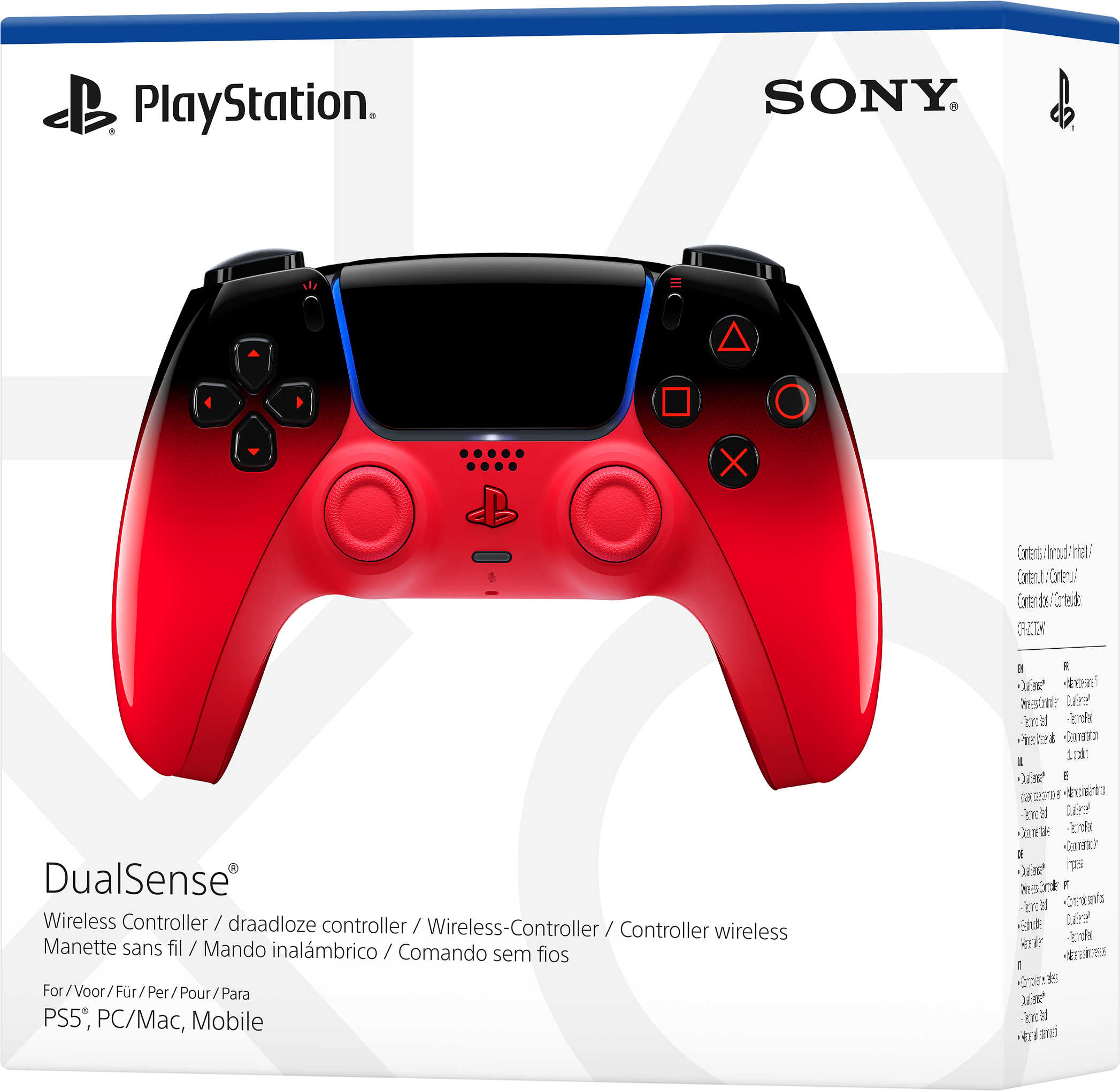 Ein roter und schwarzer PlayStation DualSense Controller auf weißem Hintergrund.