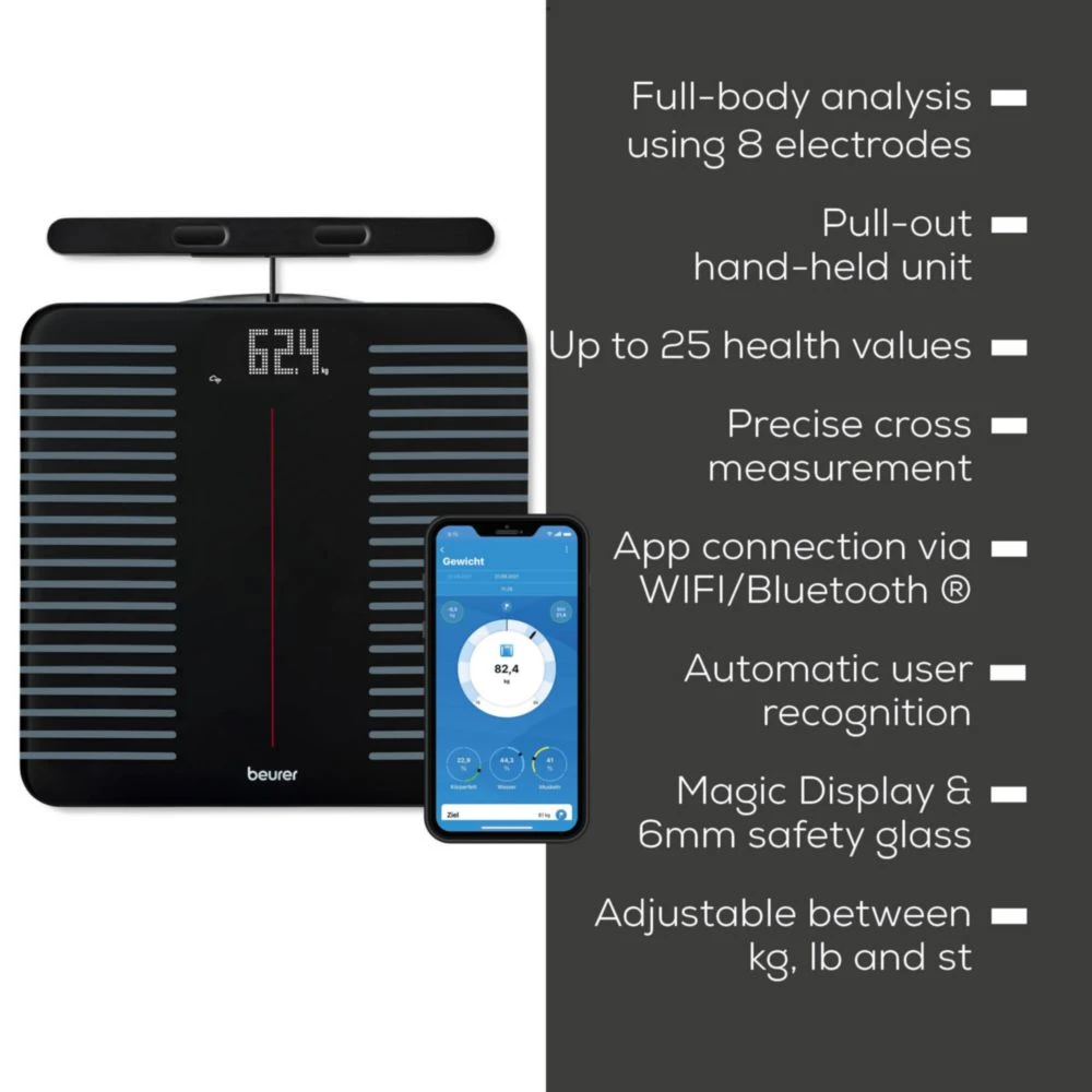 Une balance corporelle noire avec un écran et un téléphone affichant une application.