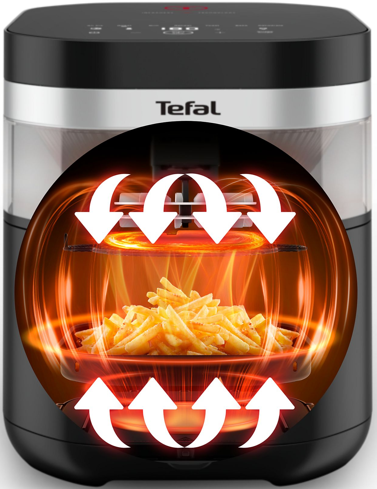 Frites dans une friteuse à air avec des flèches indiquant la circulation d'air.