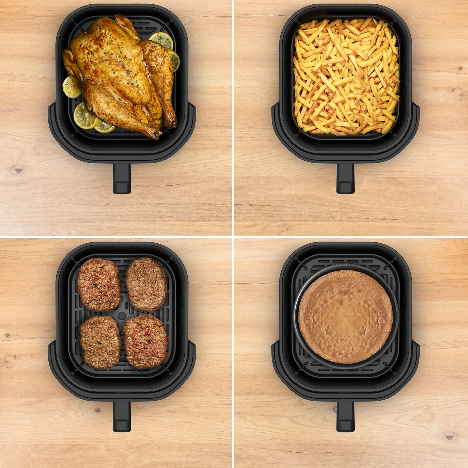 Quatre images de nourriture dans une friteuse à air : poulet entier, frites, burgers et gâteau.