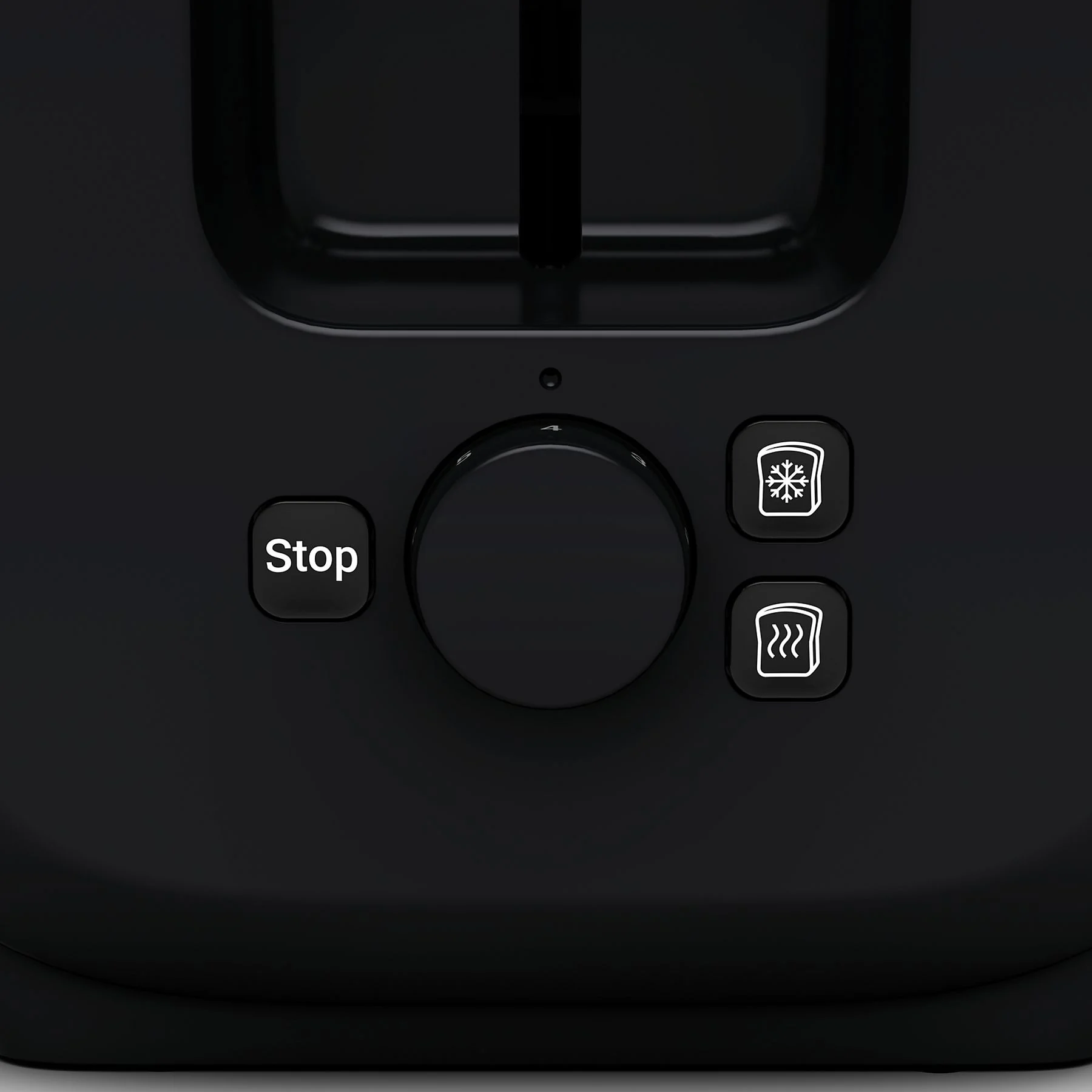 Grille-pain noir avec molette, bouton stop et icônes de congélation et réchauffage.