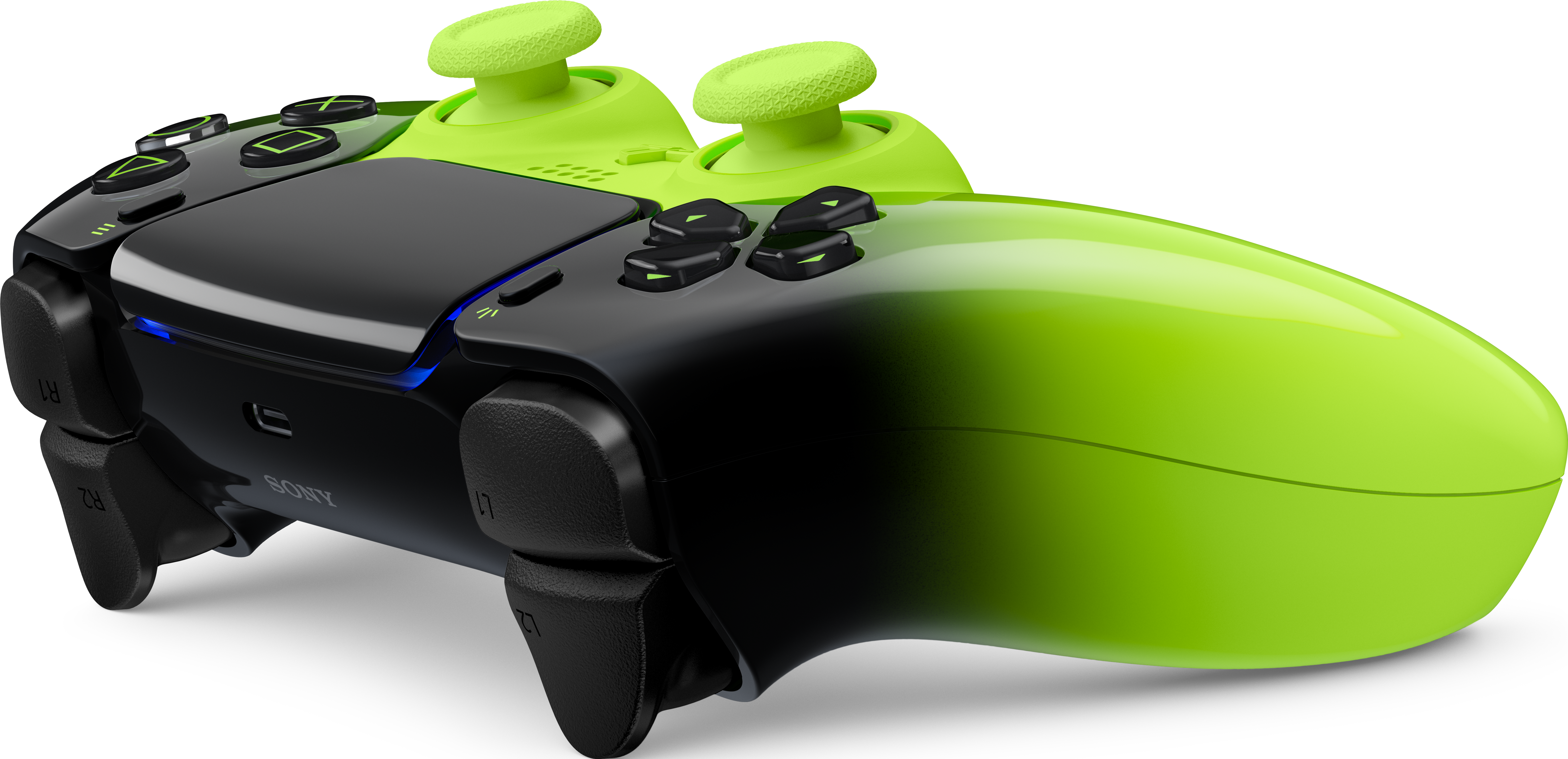 Due controller di gioco, nero sfumato verde lime, uno accanto all'altro.