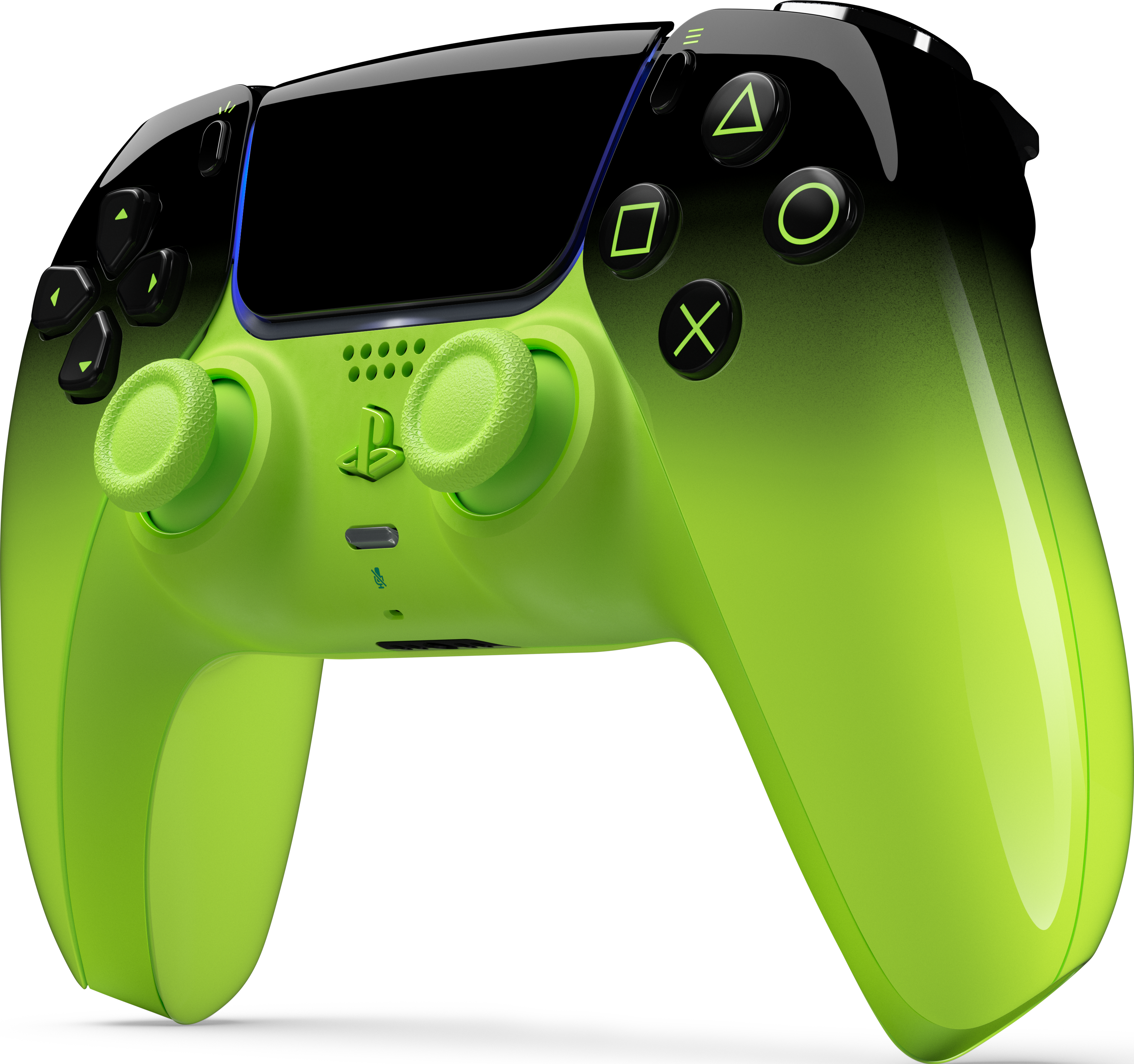 Un controller verde brillante con accenti e simboli neri su sfondo nero.