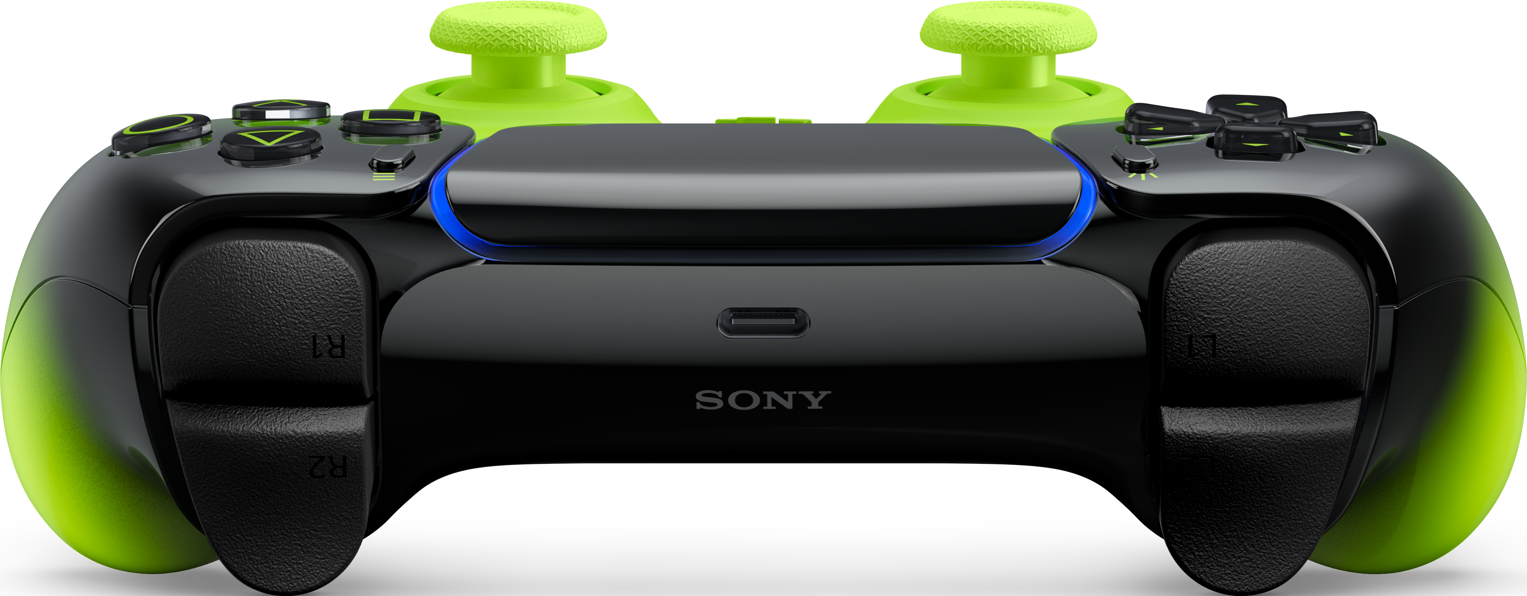Controller da gioco nero con accenti verde brillante e joystick.