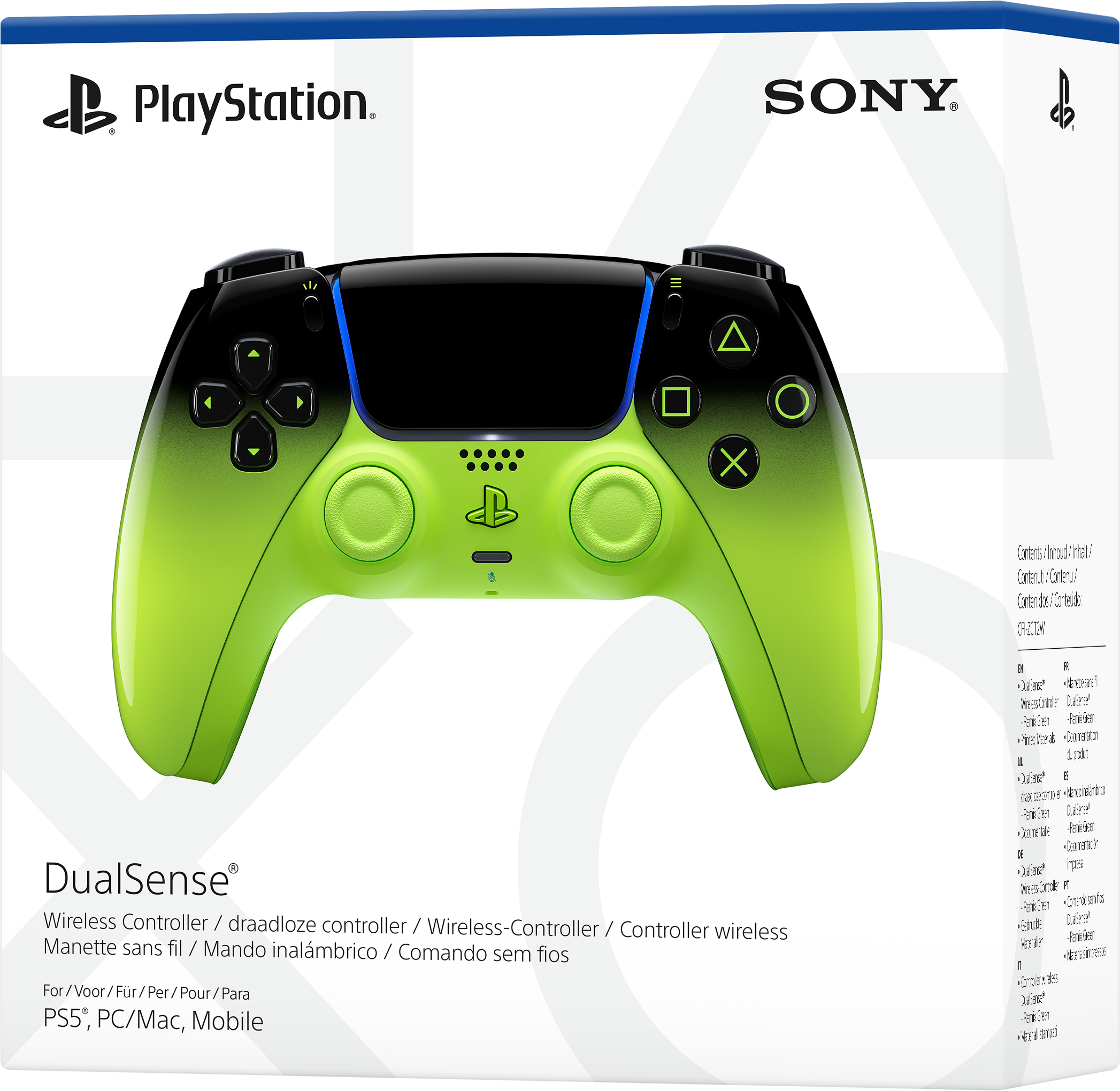 Controller PlayStation DualSense nero e verde su confezione bianca.