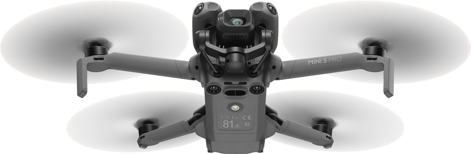 Drone grigio Mini 5 Pro con eliche e attrezzatura fotografica.