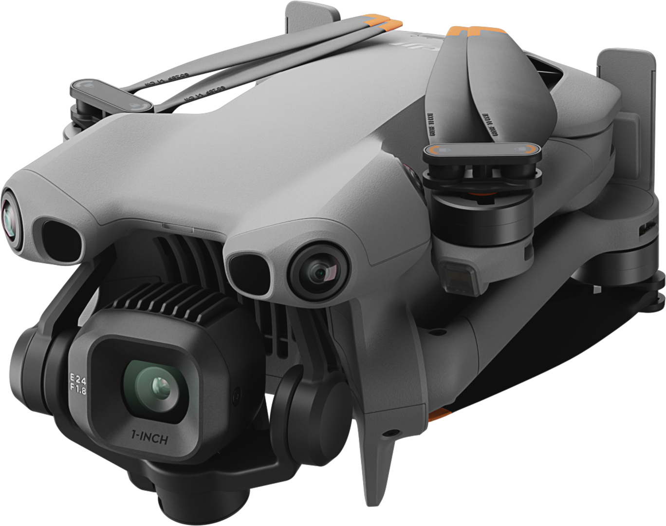 Drone quadricottero grigio con tre telecamere e accenti arancioni sulle eliche.