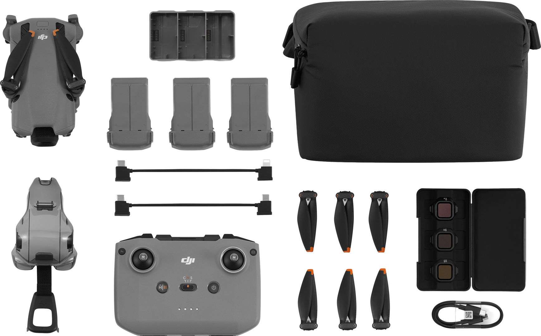 Kit mini drone grigio con accessori: drone, telecomando, batterie, eliche, borsa e filtri.