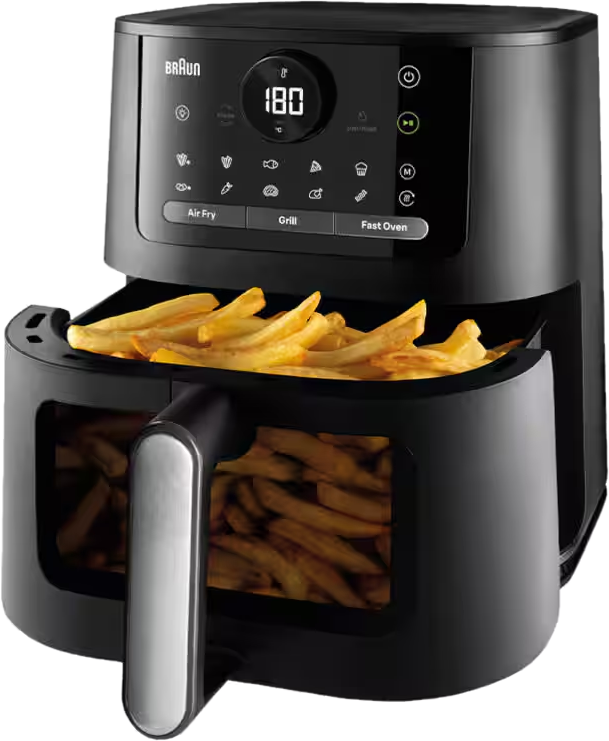 Friteuse à air noire avec frites dans le panier et écran à 180°C.