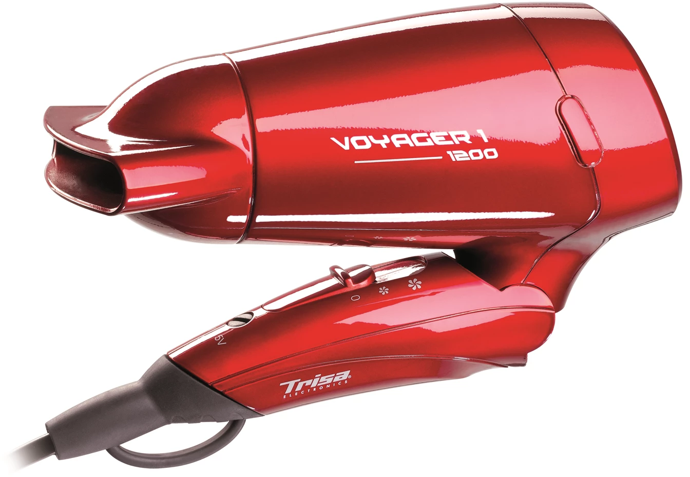 Ein glänzender roter Haartrockner mit der Aufschrift Voyager 1 1200.