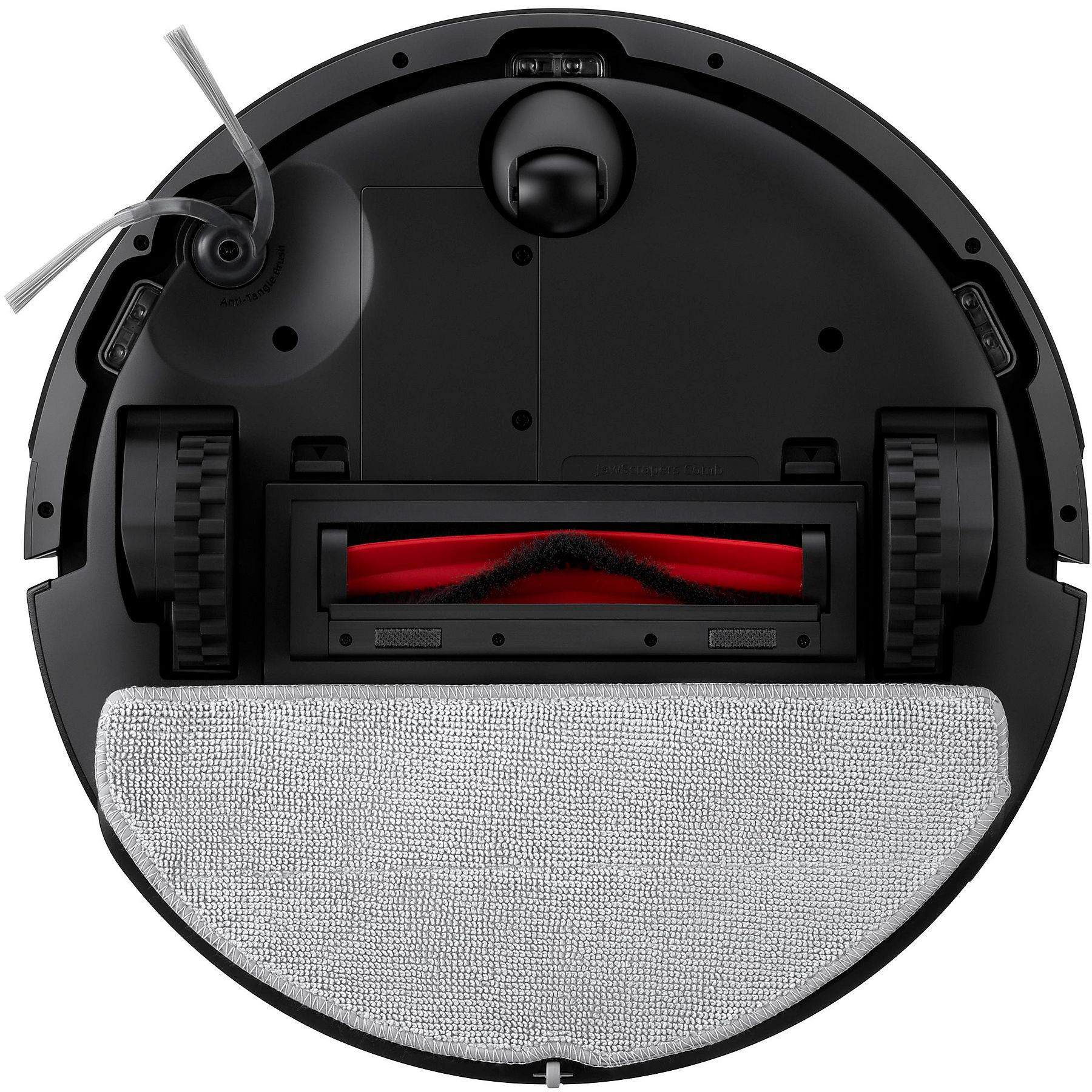 Dessous d'un aspirateur robot noir avec brosses, roues et serpillière.
