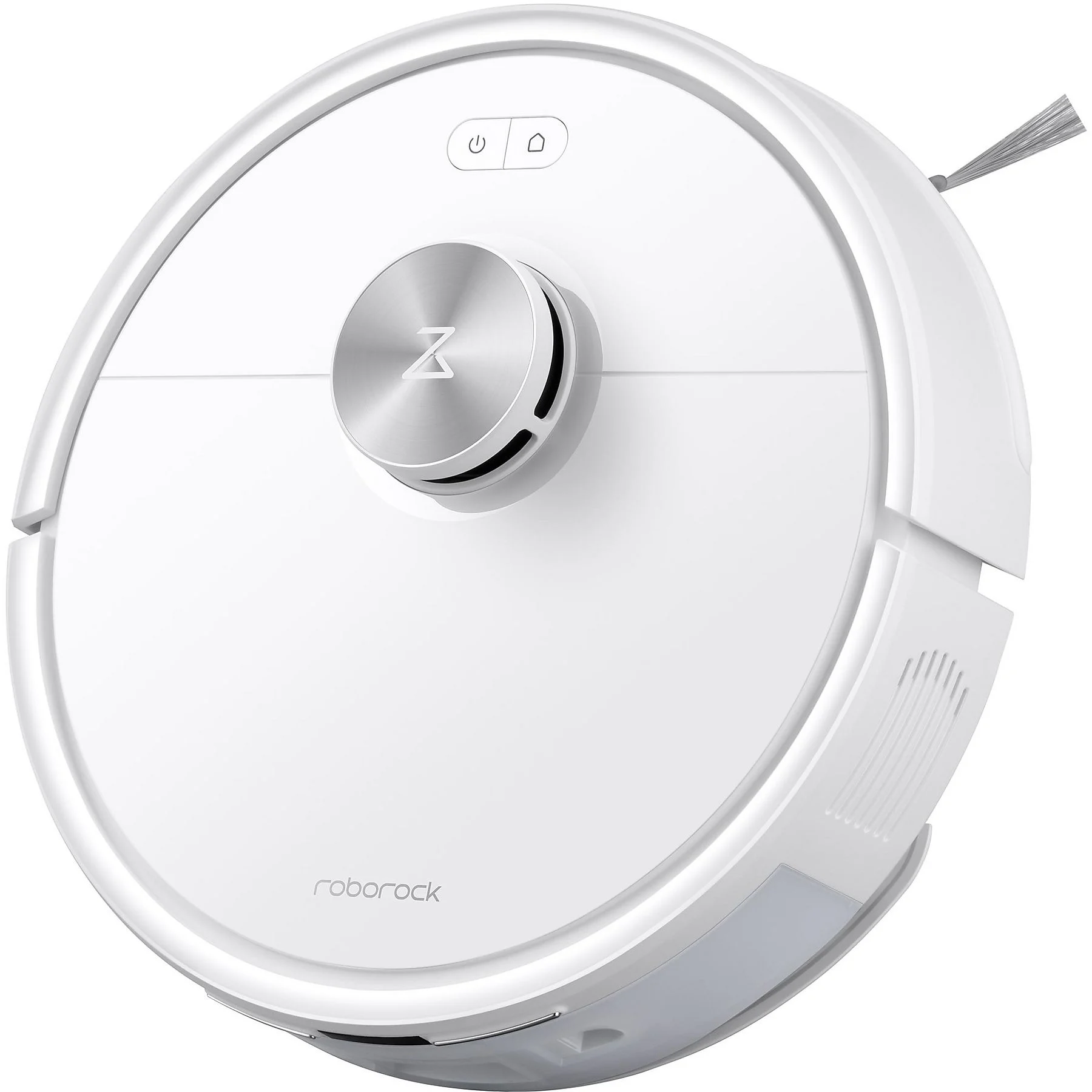 Un aspirateur robot blanc avec un logo Z argenté sur le dessus.