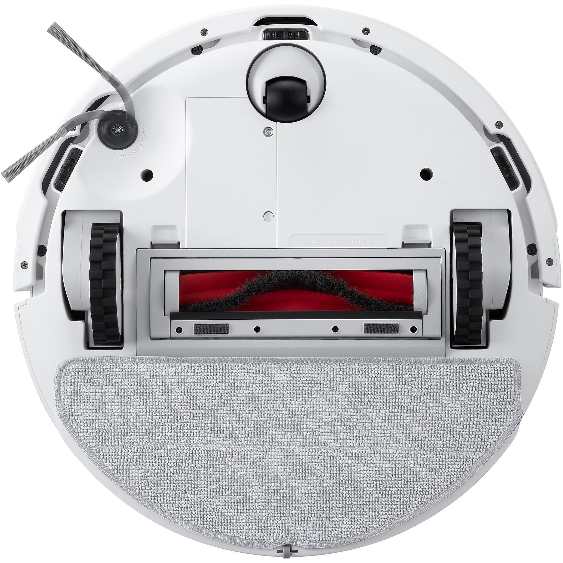 Dessous d'un aspirateur robot blanc avec brosses, roues et serpillière.