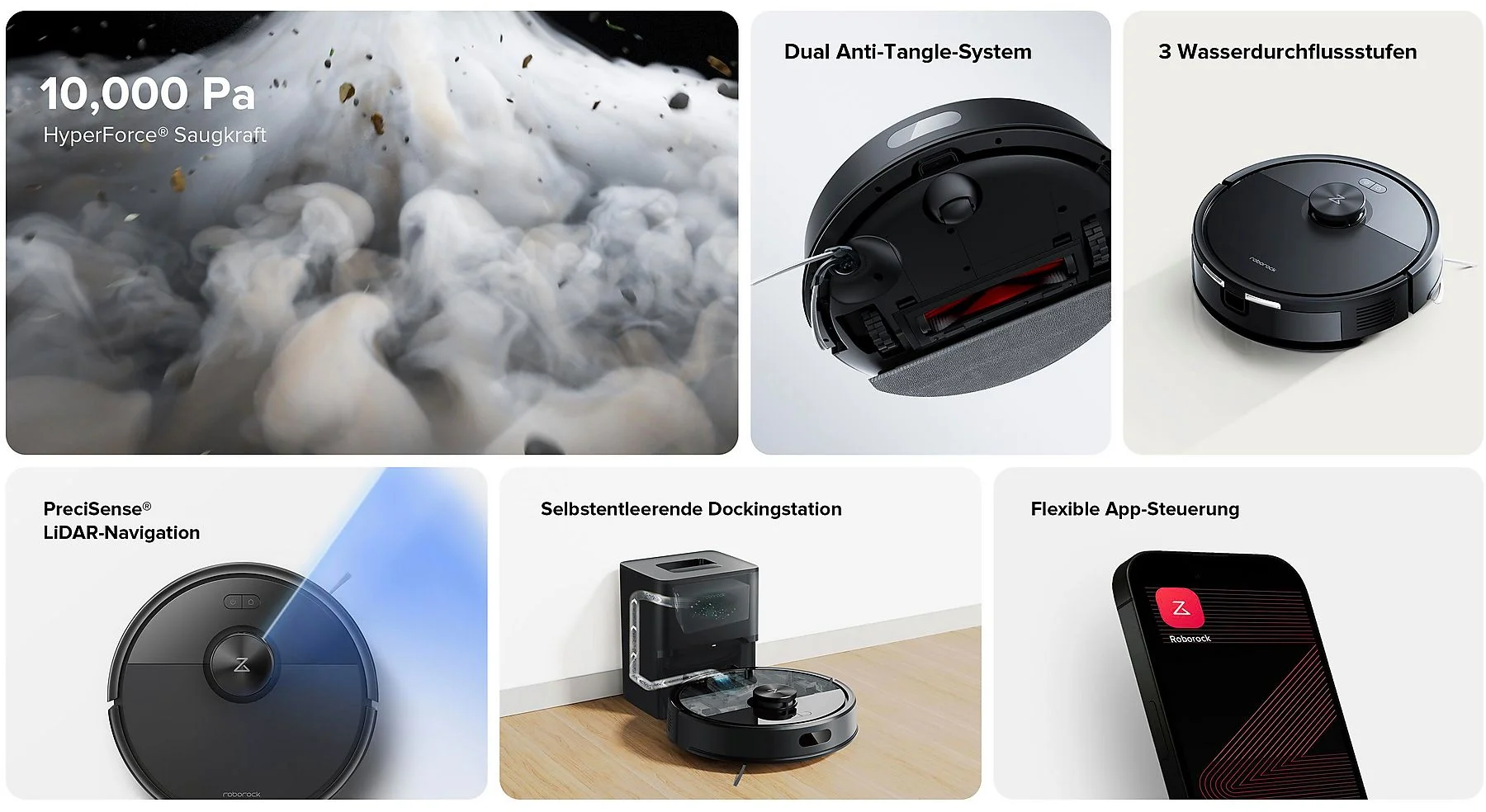 Aspirateur robot avec station de recharge, application et détails d'aspiration.
