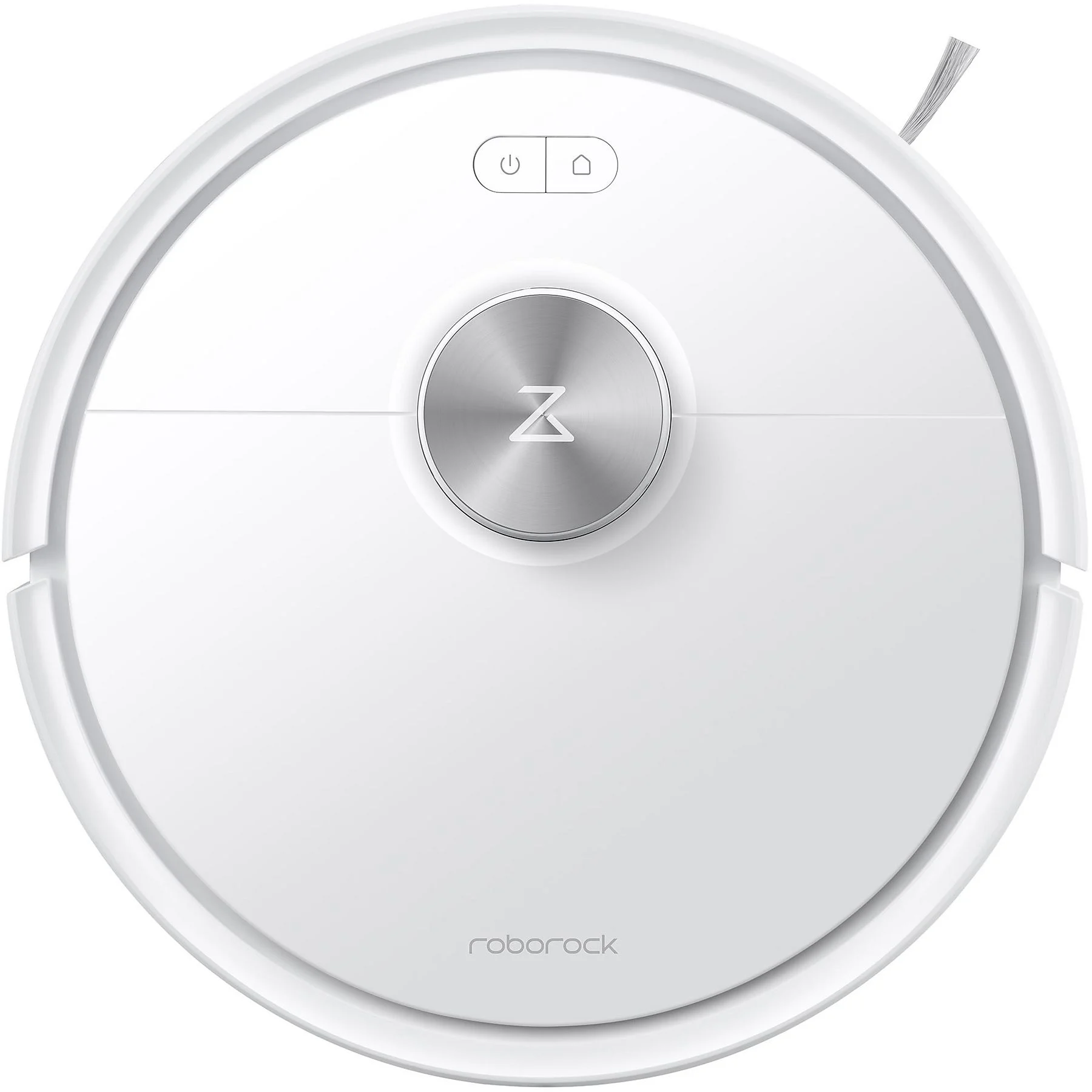 Un robot aspirateur blanc avec un centre argenté et deux boutons.