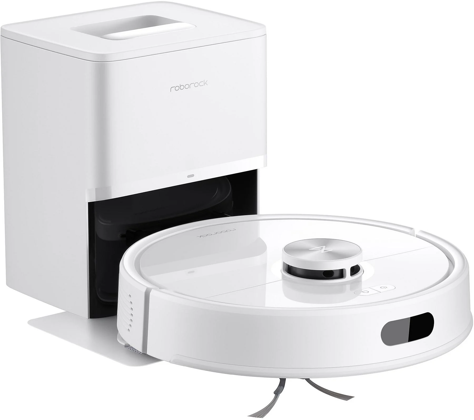 Un robot aspirateur blanc avec sa station de charge sur fond blanc.