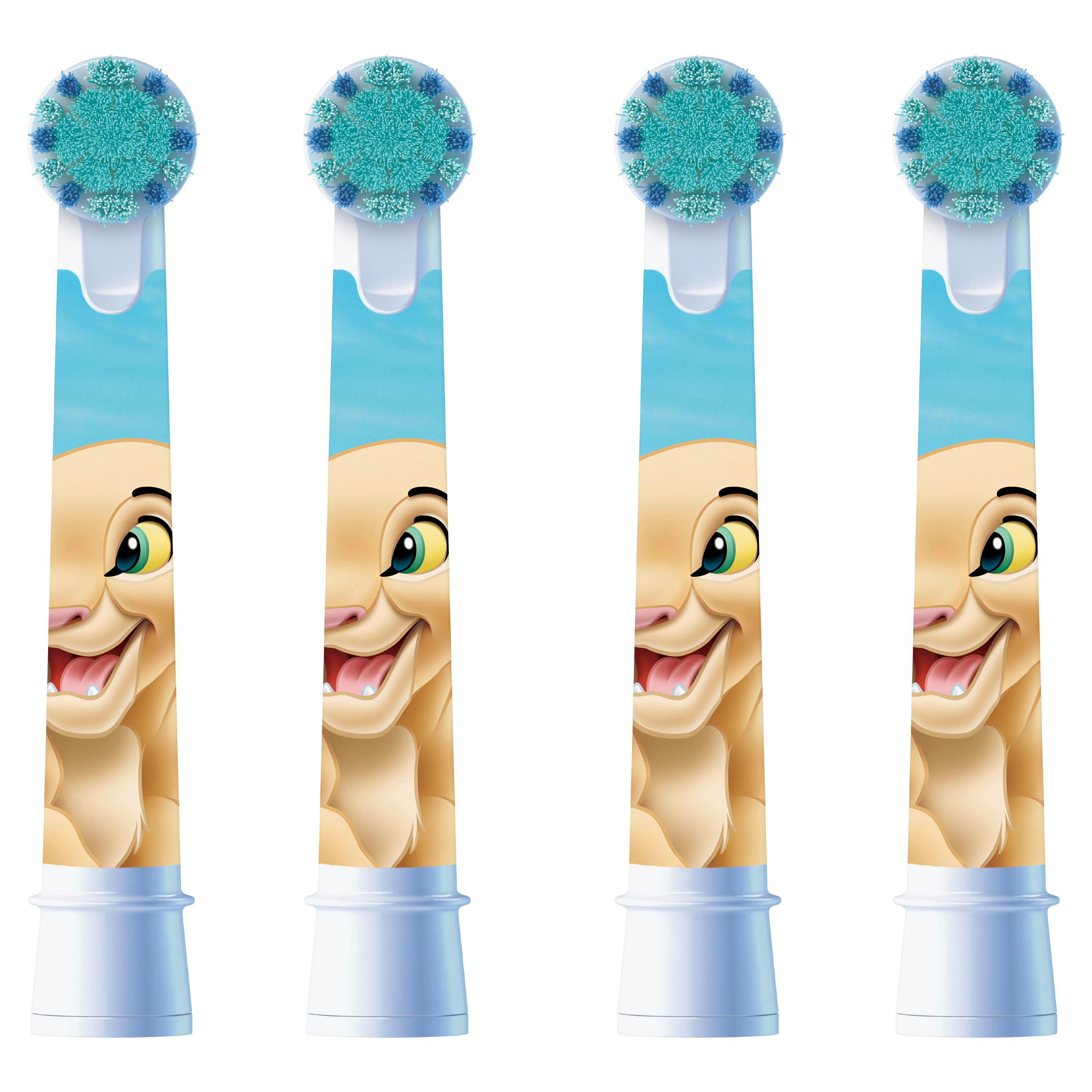 Vier Zahnbürstenköpfe mit Nala-Design auf blauem Himmel.