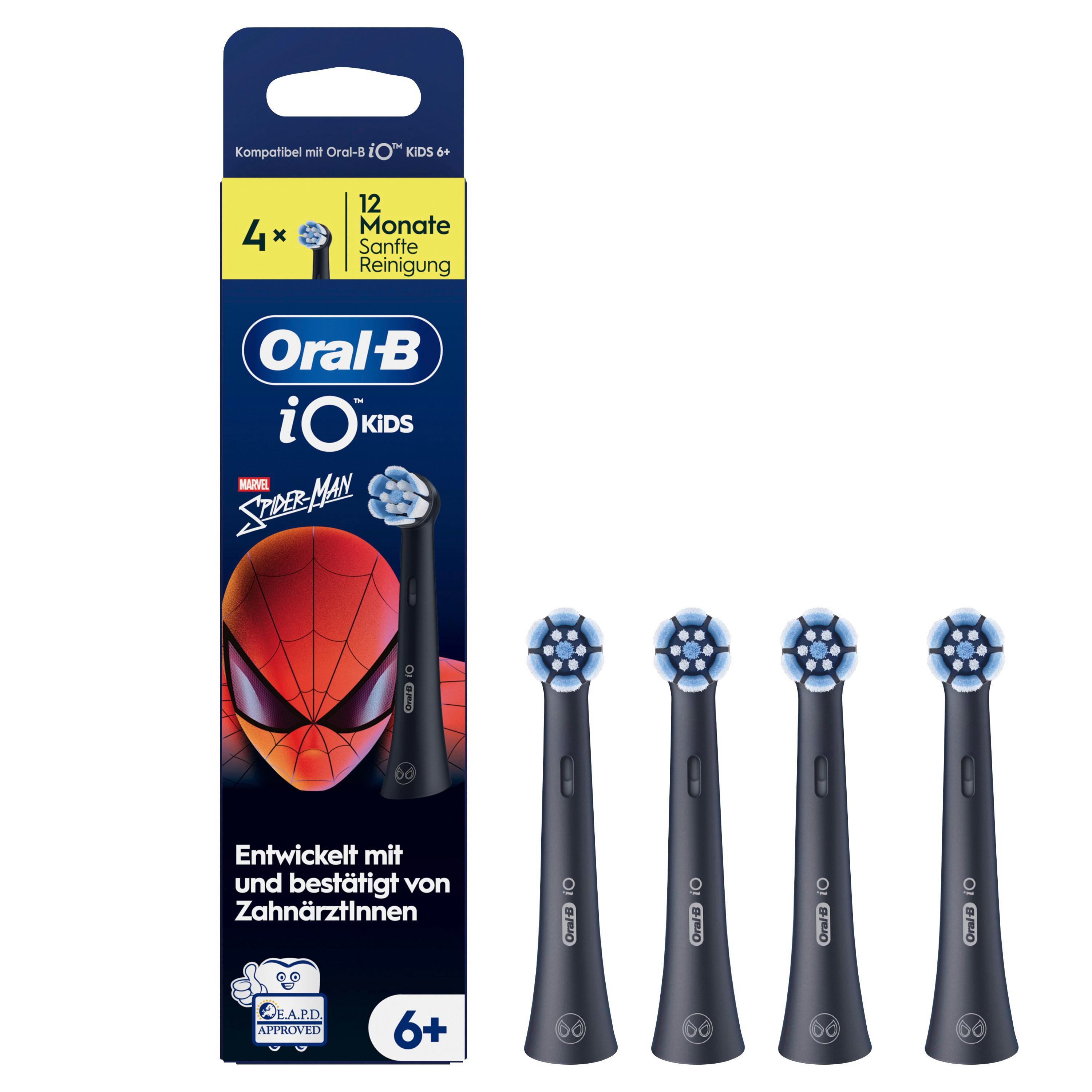 Packung Oral-B iO Kids Aufsteckbürsten mit Spiderman-Motiv, 4 Stück.
