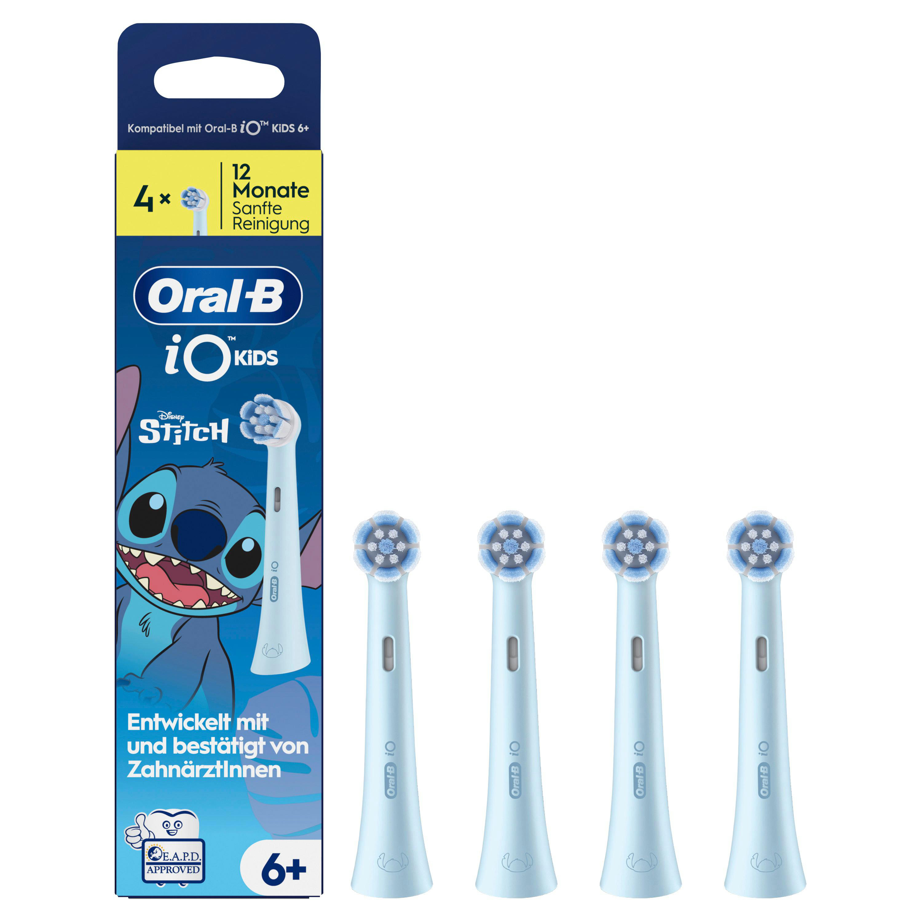 Oral-B iO Kids Aufsteckbürsten mit Stitch-Design, 4er-Pack, hellblau.