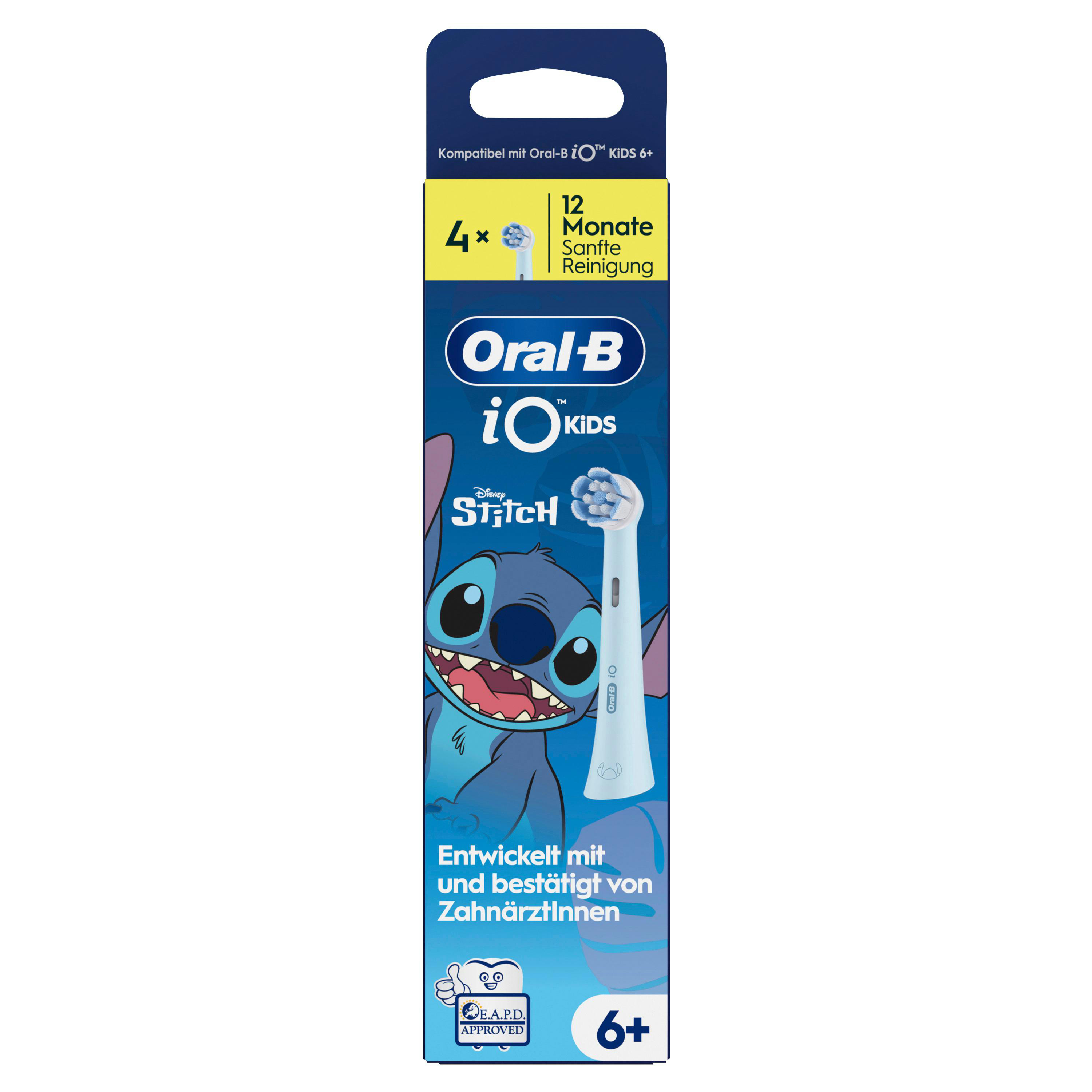 Oral-B iO Kids Zahnbürstenköpfe mit Stitch, 4 Stück, 12 Monate Sanfte Reinigung.