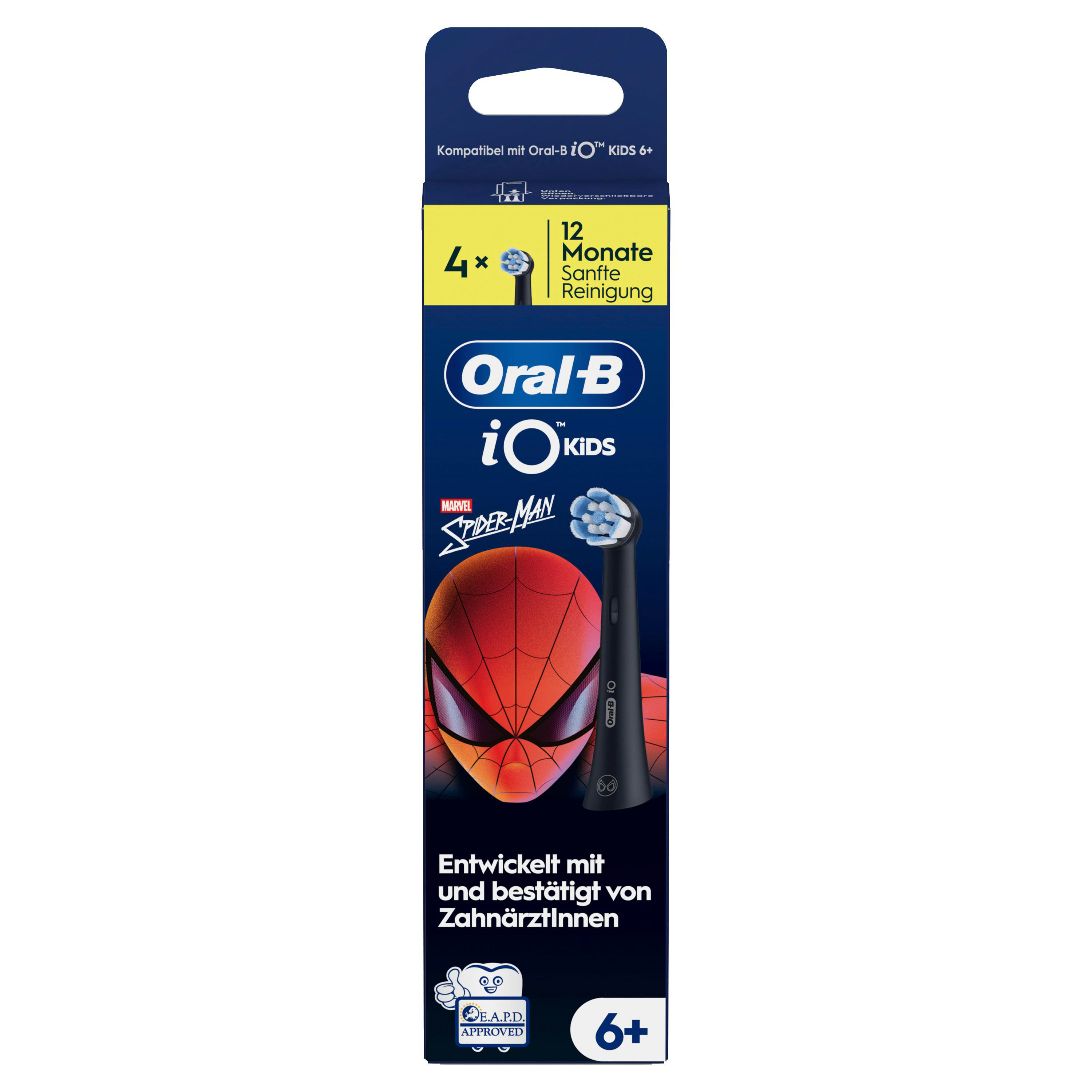 Oral-B iO Kids Spiderman Zahnbürstenkopfpackung mit 4 Stück, für Kinder ab 6 Jahren.