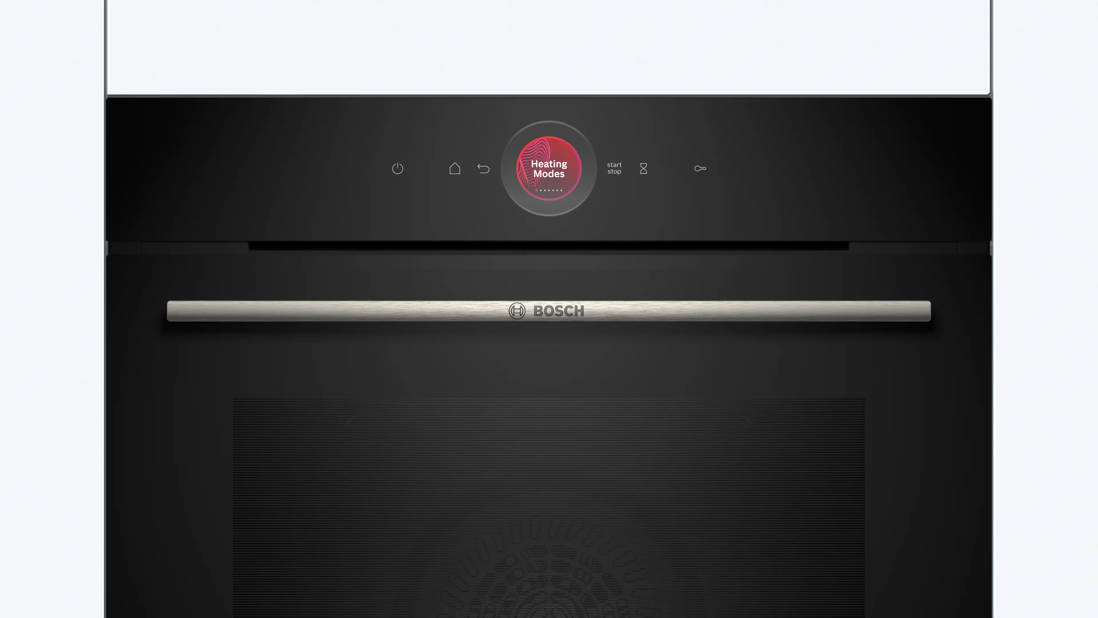 Horno negro moderno con pantalla táctil que muestra Modos de Calefacción.