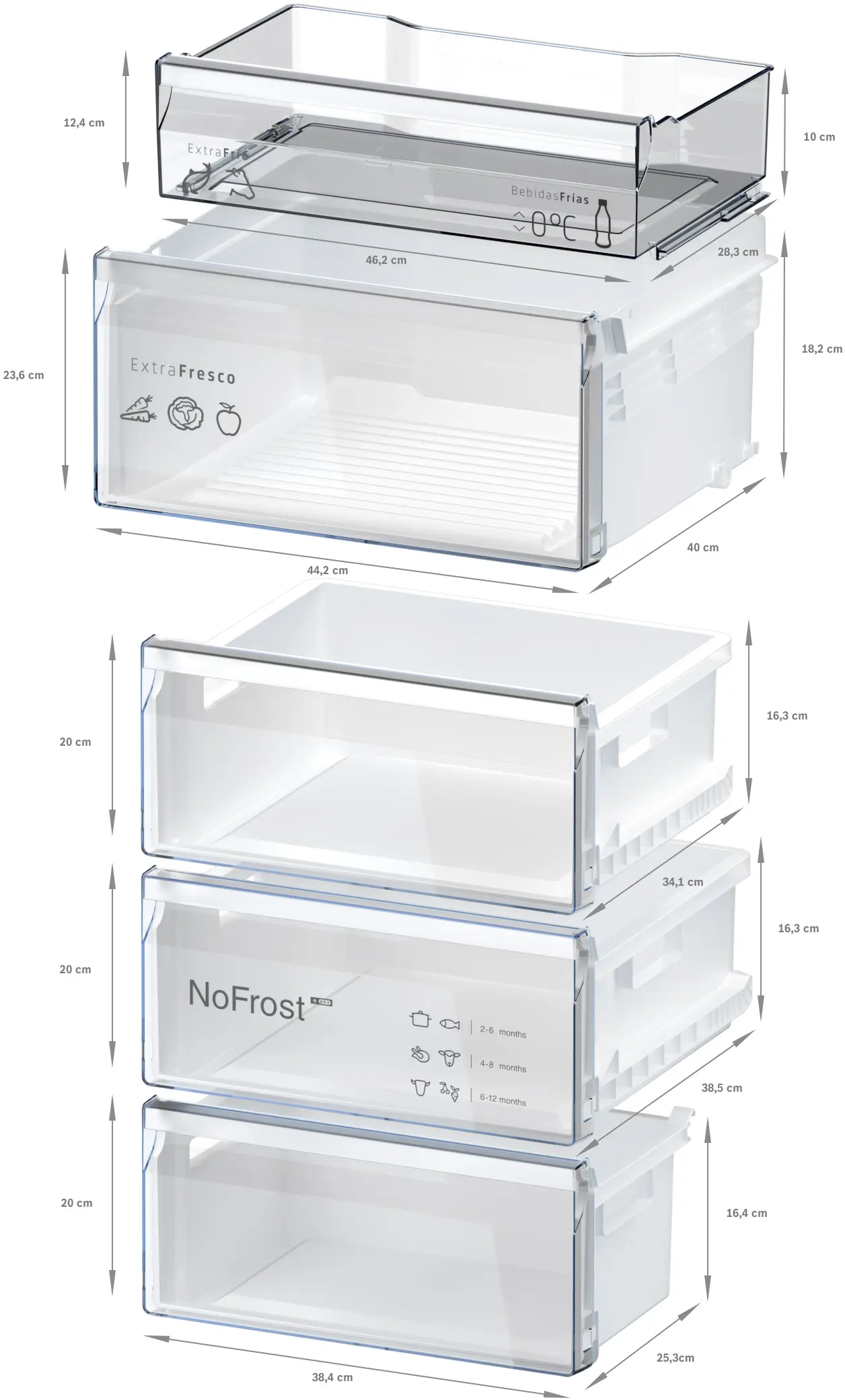 Cajones de refrigerador con medidas. Arriba: un cajón transparente.