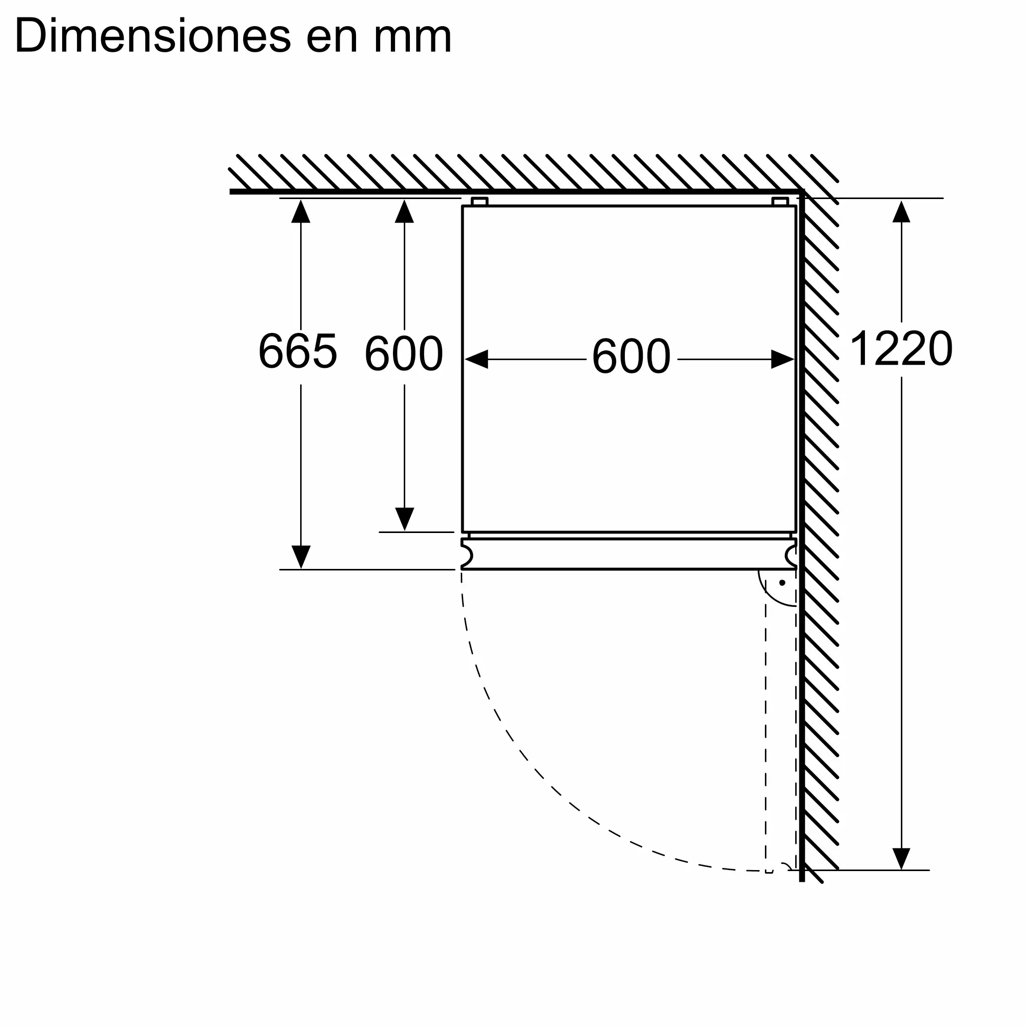 Dibujo técnico mostrando dimensiones del aparato: 600mm ancho, 1220mm alto.