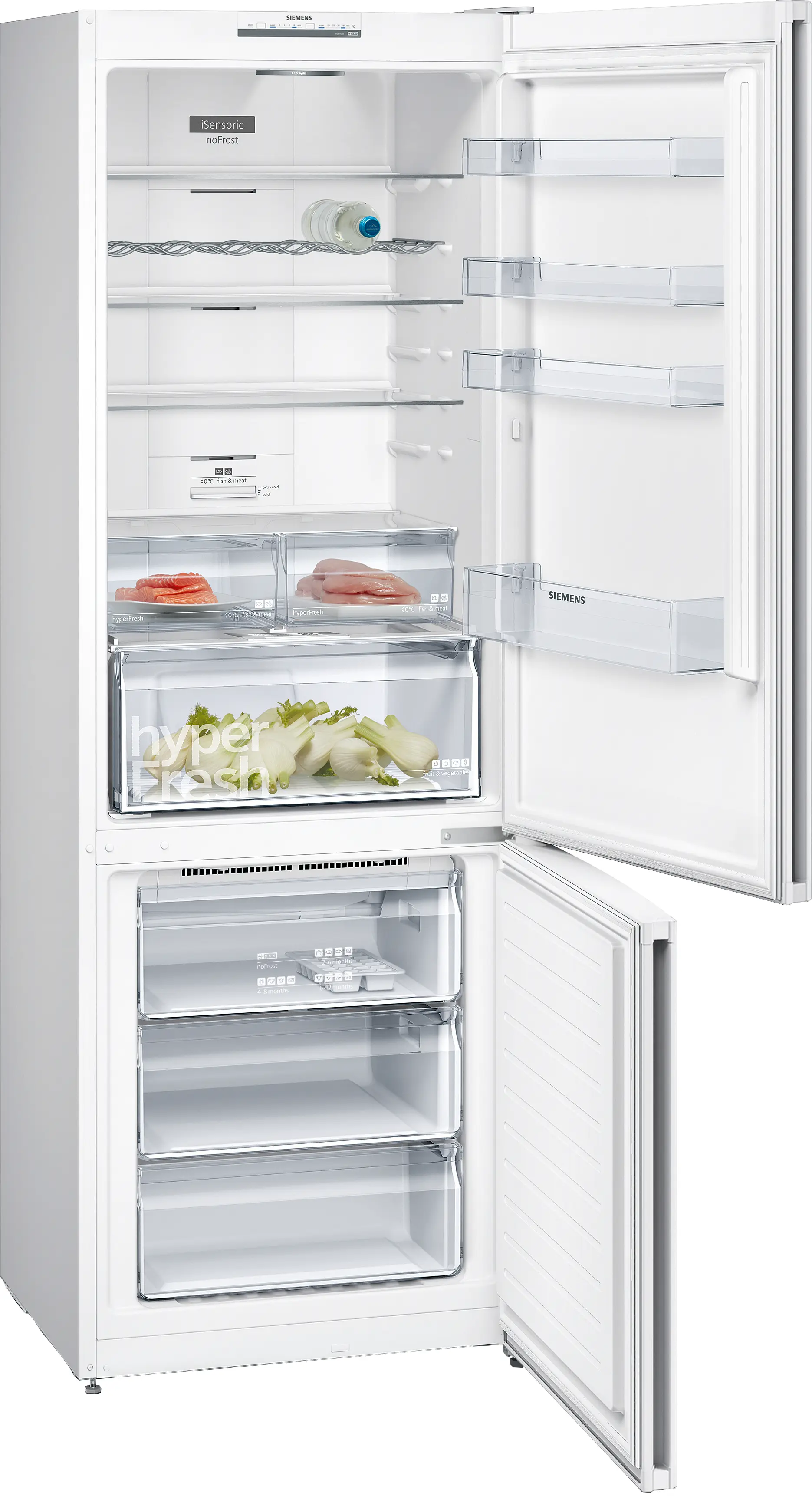 Un refrigerador blanco abierto con varios compartimentos y alimentos.