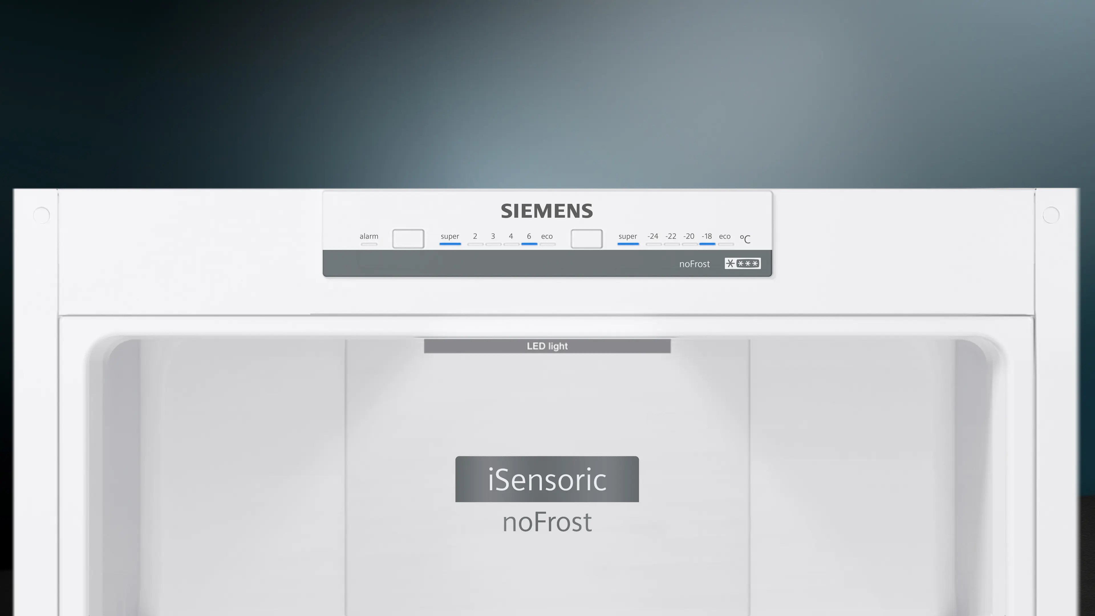 Panel de control de frigorífico Siemens con luz LED e indicador NoFrost.