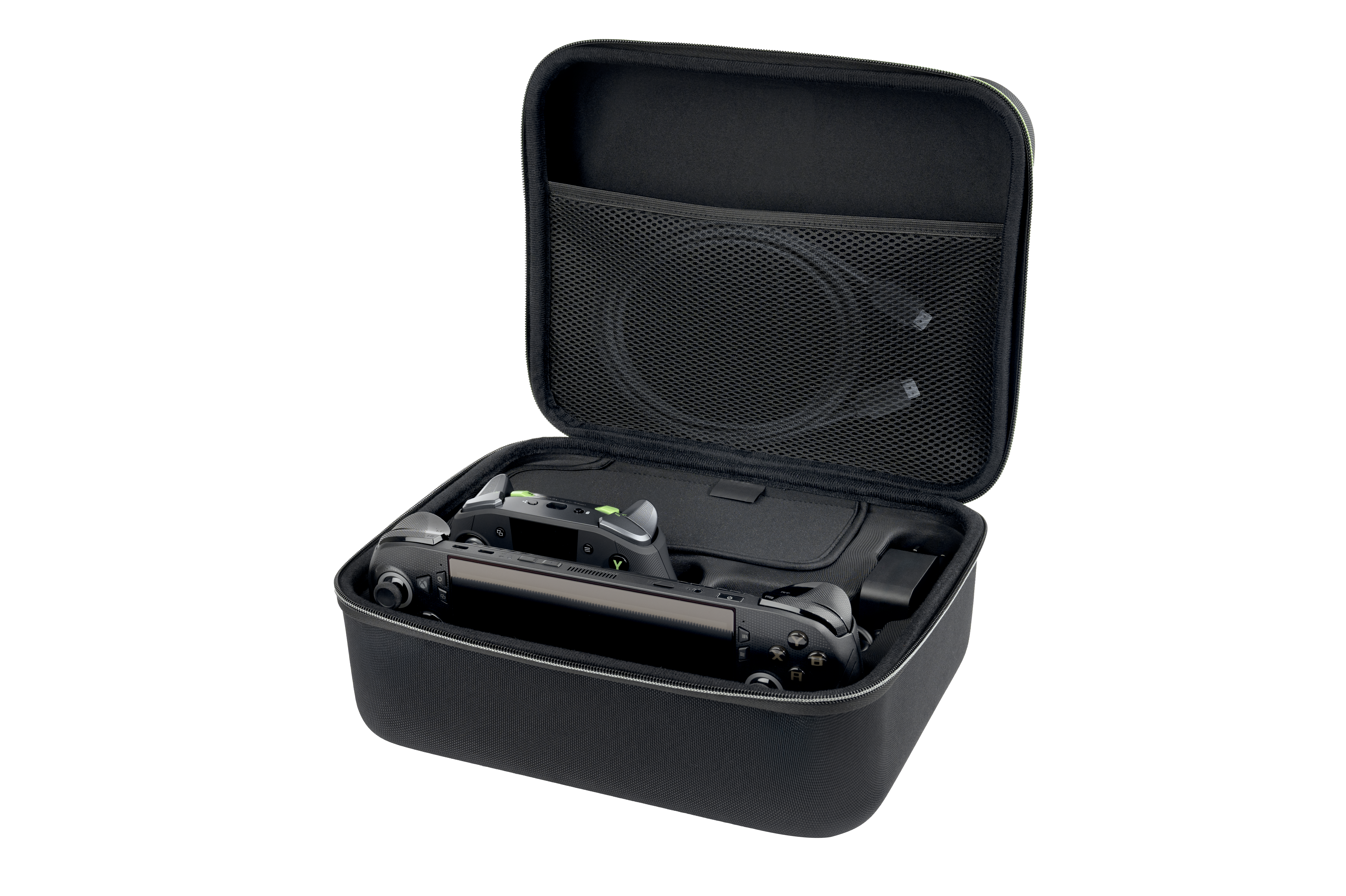 Ein schwarzes Gaming-Controller-Etui mit offenem Deckel, das einen Controller und ein Kabel zeigt.