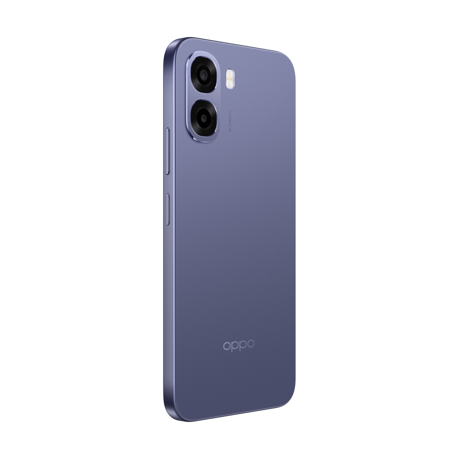 Retro di uno smartphone viola con due fotocamere e il logo Oppo.