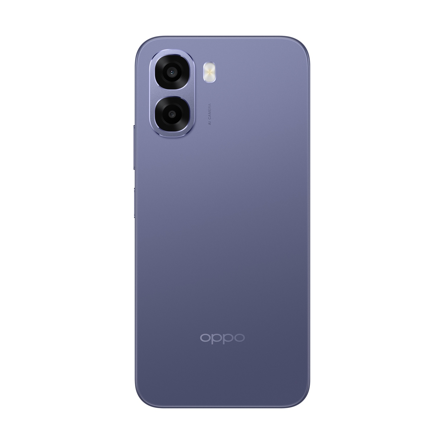 Retro di uno smartphone viola con doppia fotocamera e logo Oppo.